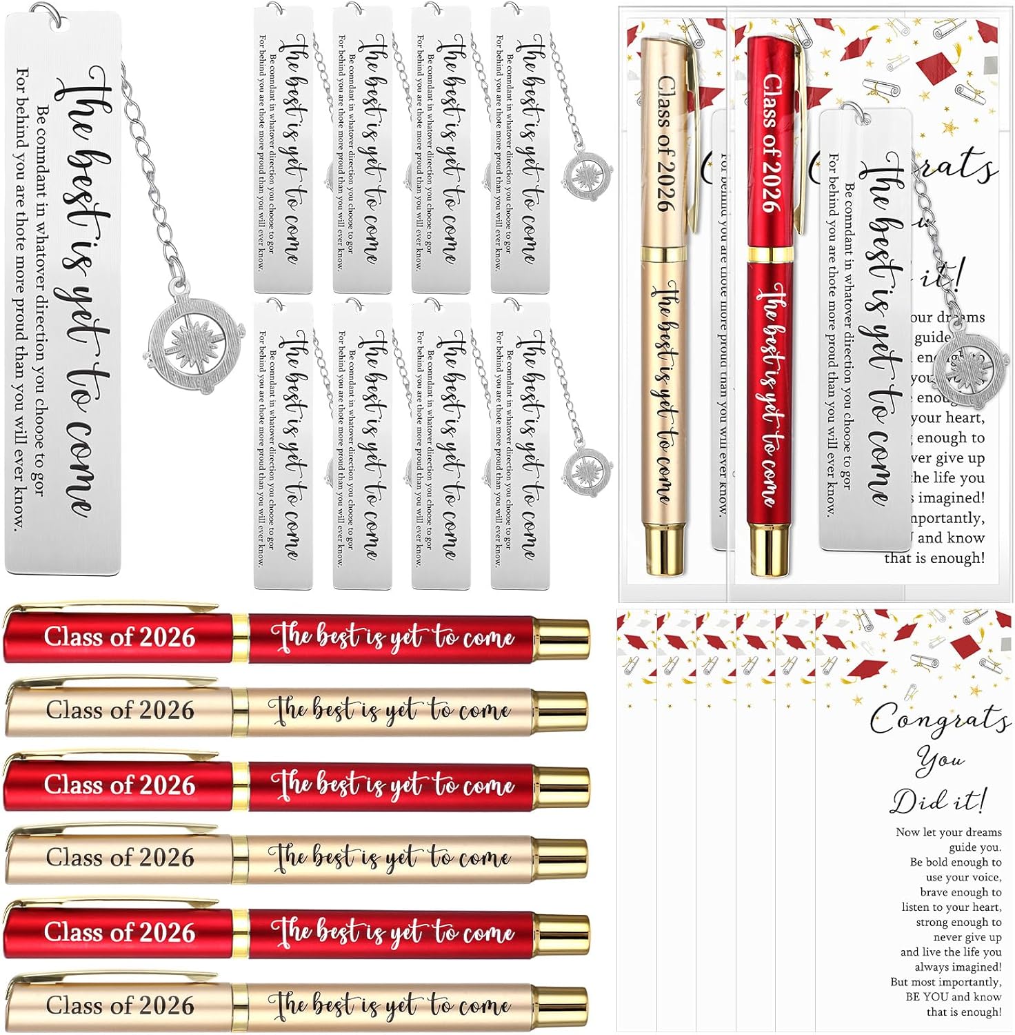 Affrolling 12 Sets Class of 2026 Graduation Gifts Bulk – Graduation Pens, Compass Bookmarks, Cards & Clear Gift Bags, Inspirational Party Favors for Students & Teachers(Red,Gold)