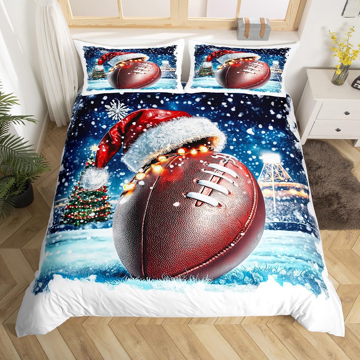 Erosebridal Christmas Football Toddler Comforter Cover White Snowflake Winter Duvet Cover,Merry Xmas Decor Quilt Cover,Happy New Year Quilt Cover for Kids Boys Girls Teens,Blue