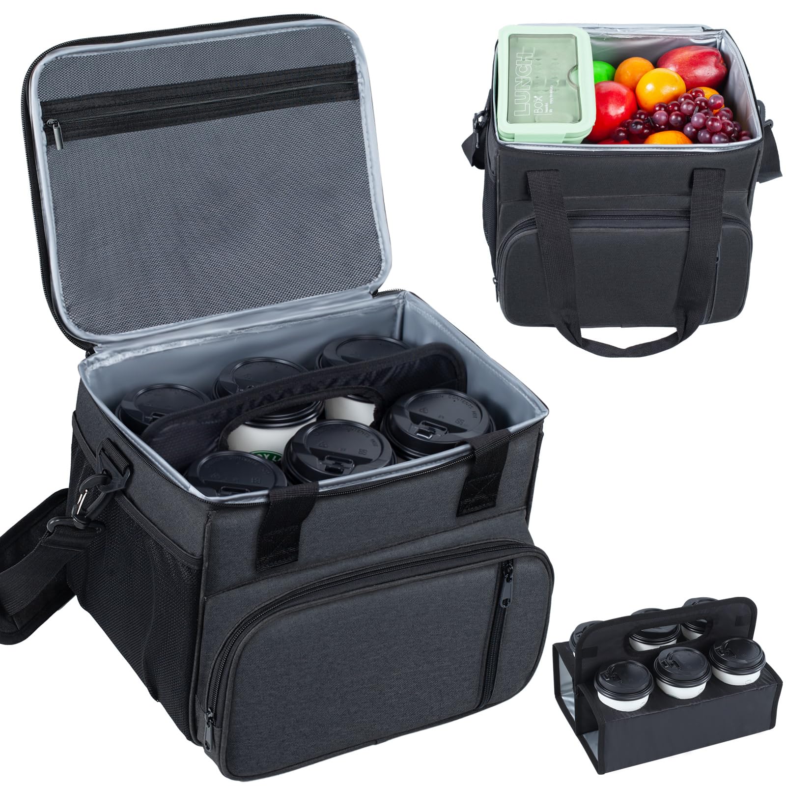 Reusable Drink Carrier for Delivery with 6 Cup Holder Tray-Foldable Cup Carrier for Drinks-Insulated Drink Caddy with Handle- Doordash Bag- Insulated Food Carrier-Outdoor Drink holder for Car