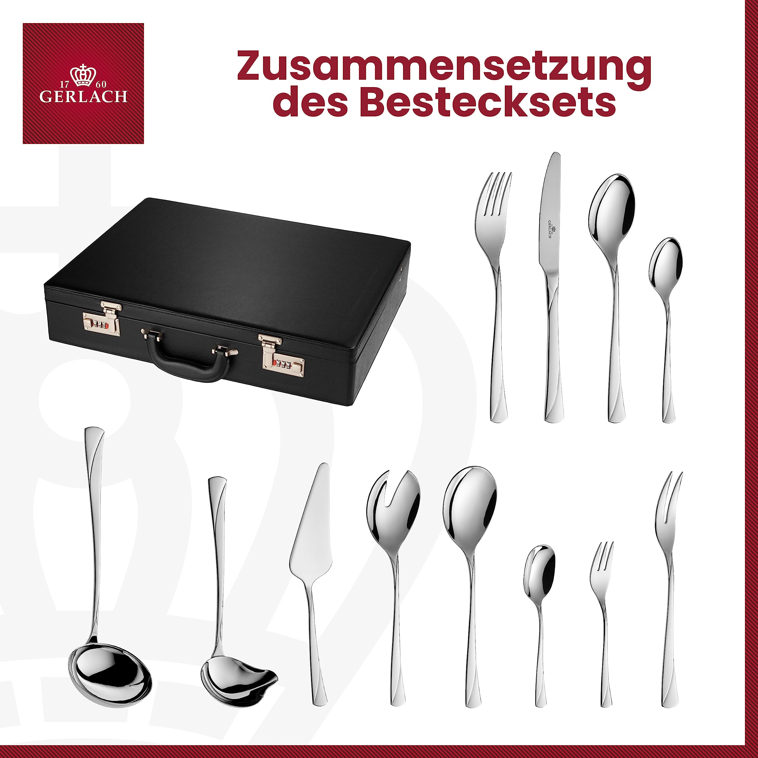 Gerlach Valor Besteck-Set im Koffer 12 Personen Spülmaschinenfest Essbesteck Edelstahl Tafelbesteck Messer Gabel Löffel Teelöffel Kuchengabel Soßenlöffel Kuchenspachtel Gläzend Rostfrei 68 Stk, 52 x 42 x 10 cm