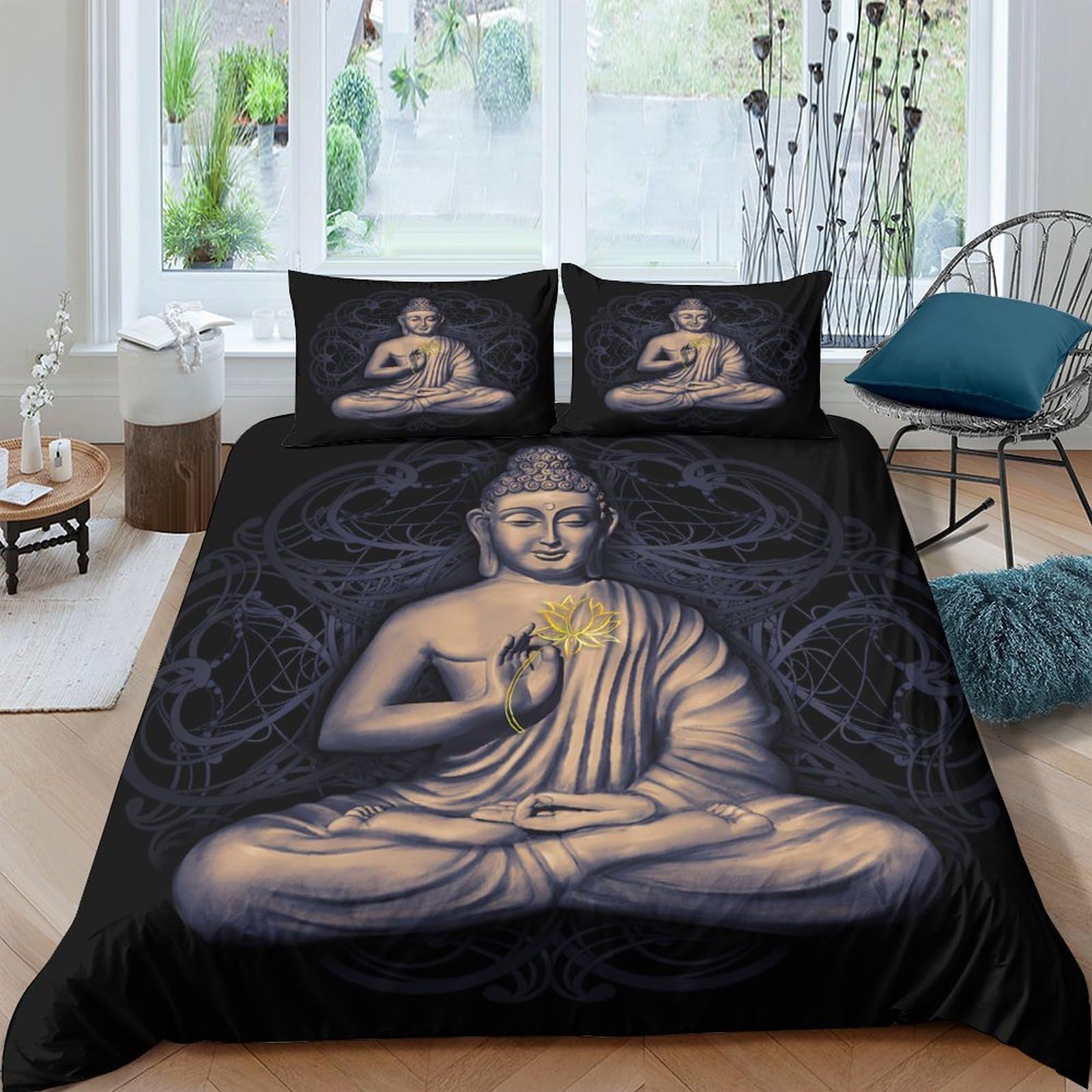 Ctjqhvkz Style-8 3D Printed Buddha Meditation Fitted Sheet Microfiber Black Gold Lotus Bed Cover For Bedroom Dorm Mattress Protection Decor Single（135X200cm）