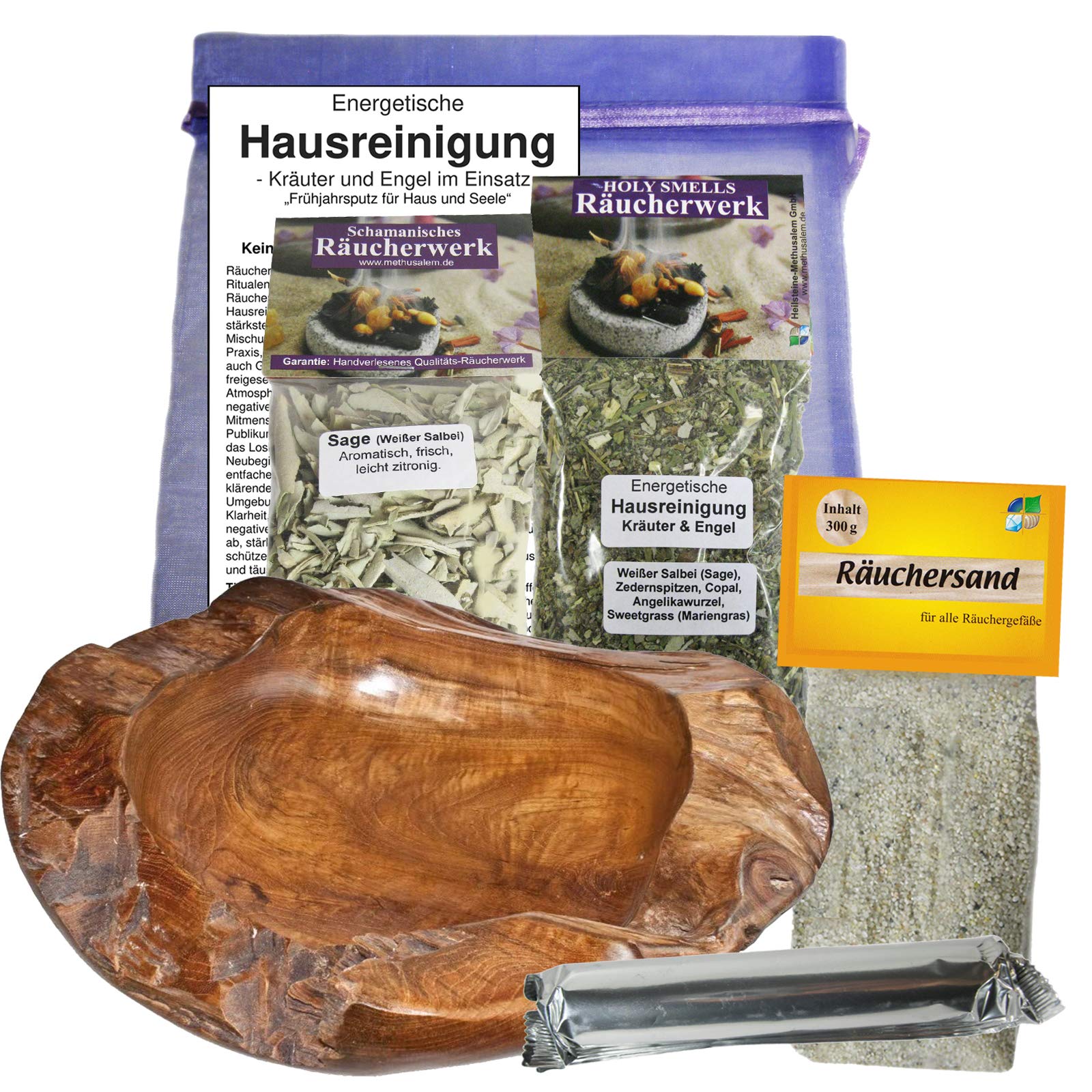 RÄUCHERSCHALE (Jumbo) Oliven/Wurzel Holz SMUDGE BOWL 7-tlg SET mit Räucherwerk ENERGETISCHE HAUSREINIGUNG Kräuter & Engel zum RÄUCHERN + AUSRÄUCHERN von Haus & Wohnung + ZUBEHÖR. 81043-HJumbo