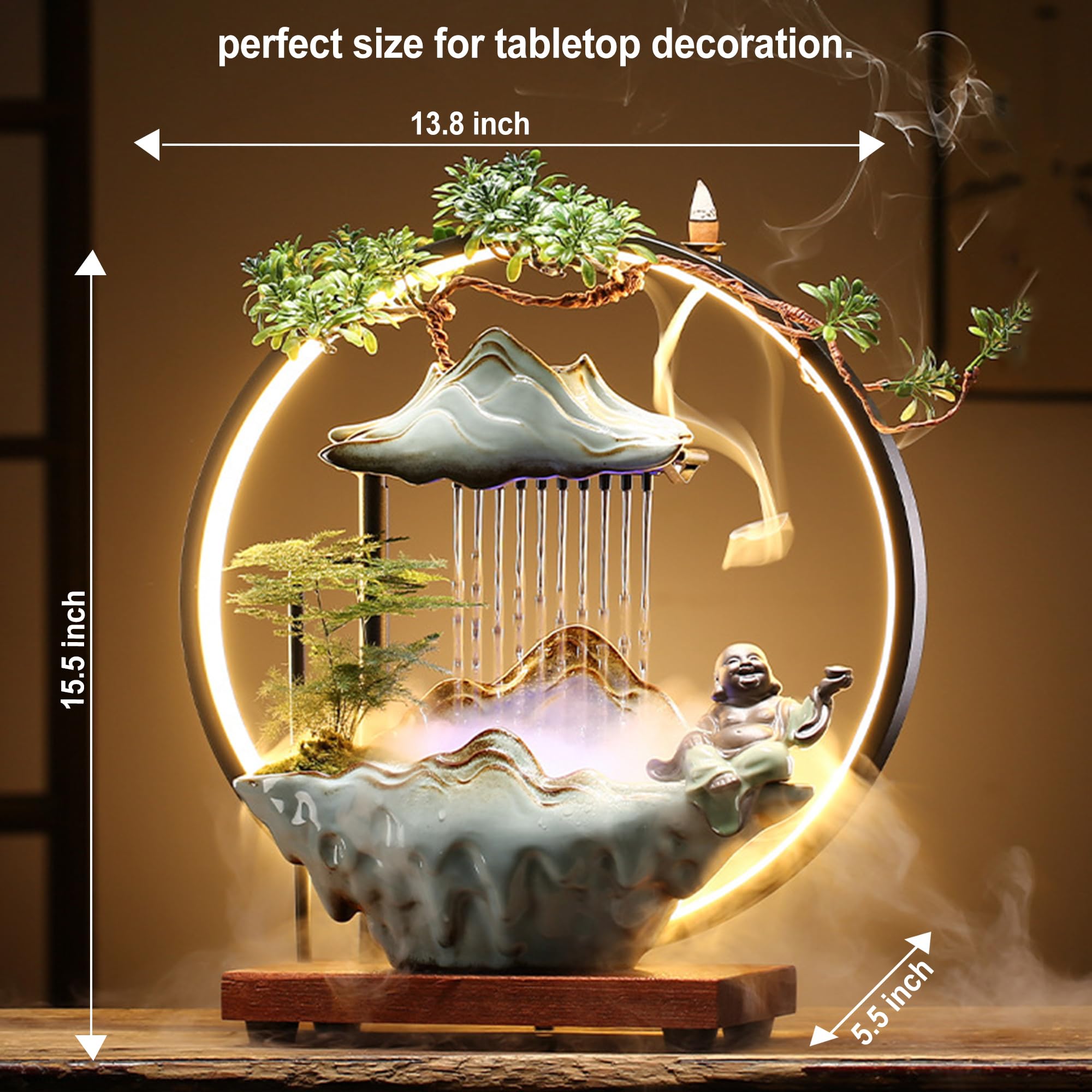 Bnhcoe Buddha Tabletop Fountain Indoor Waterfall Fountain Office Tabletop Water Fountain with Lights Backflow Incense Burner Ceramic Fountain Indoor Zen Decor for Home Office Yoga Meditation (Buddha)
