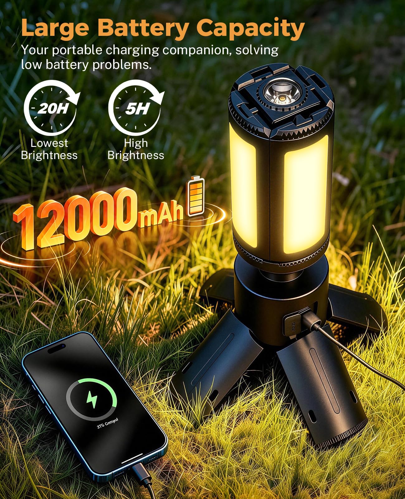 【Teleskop Wiederaufladbares Campinglicht】12000mAh Tragbare Campingleuchten mit Ständer - Outdoor Faltbare Campinglaternen mit 7200/5000/3600K Dimmbar IPX5 Wasserdicht für Wandern Camping