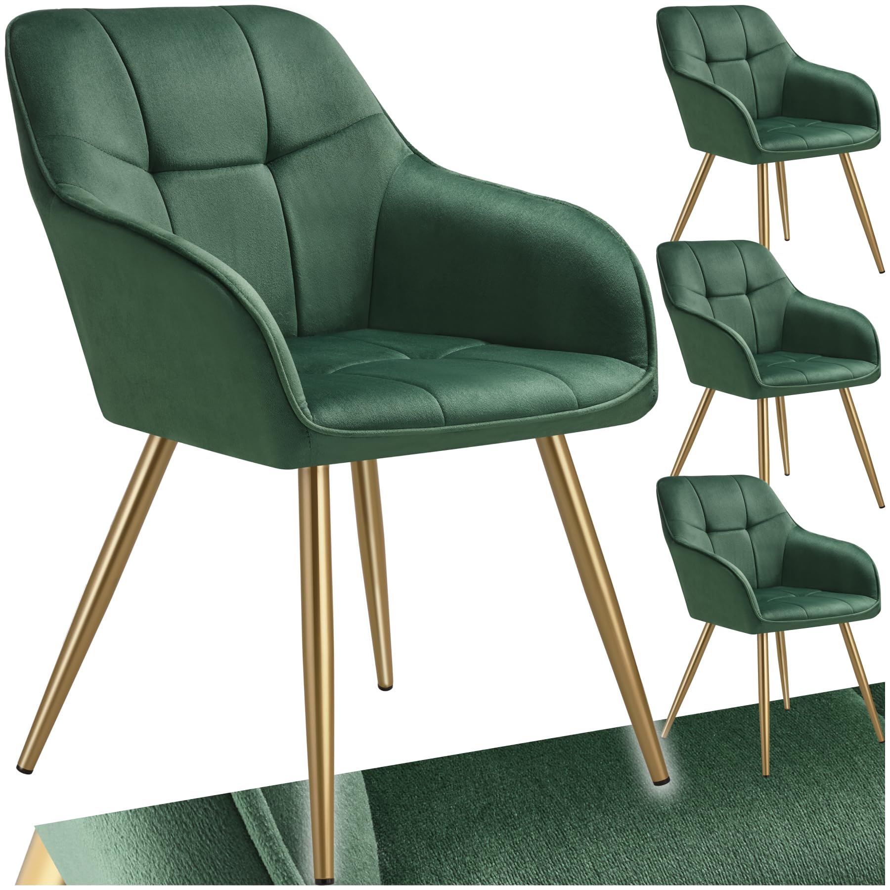 TecTake® Sillas de Comedor Elegantes, Tapizado Aterciopelado, Respaldo Continuo, Sillas Comedor Modernas, Silla Dormitorio, Silla Nordica, Butacas de Salon, Silla Tocador - 4 Sillas Verde Oscuro