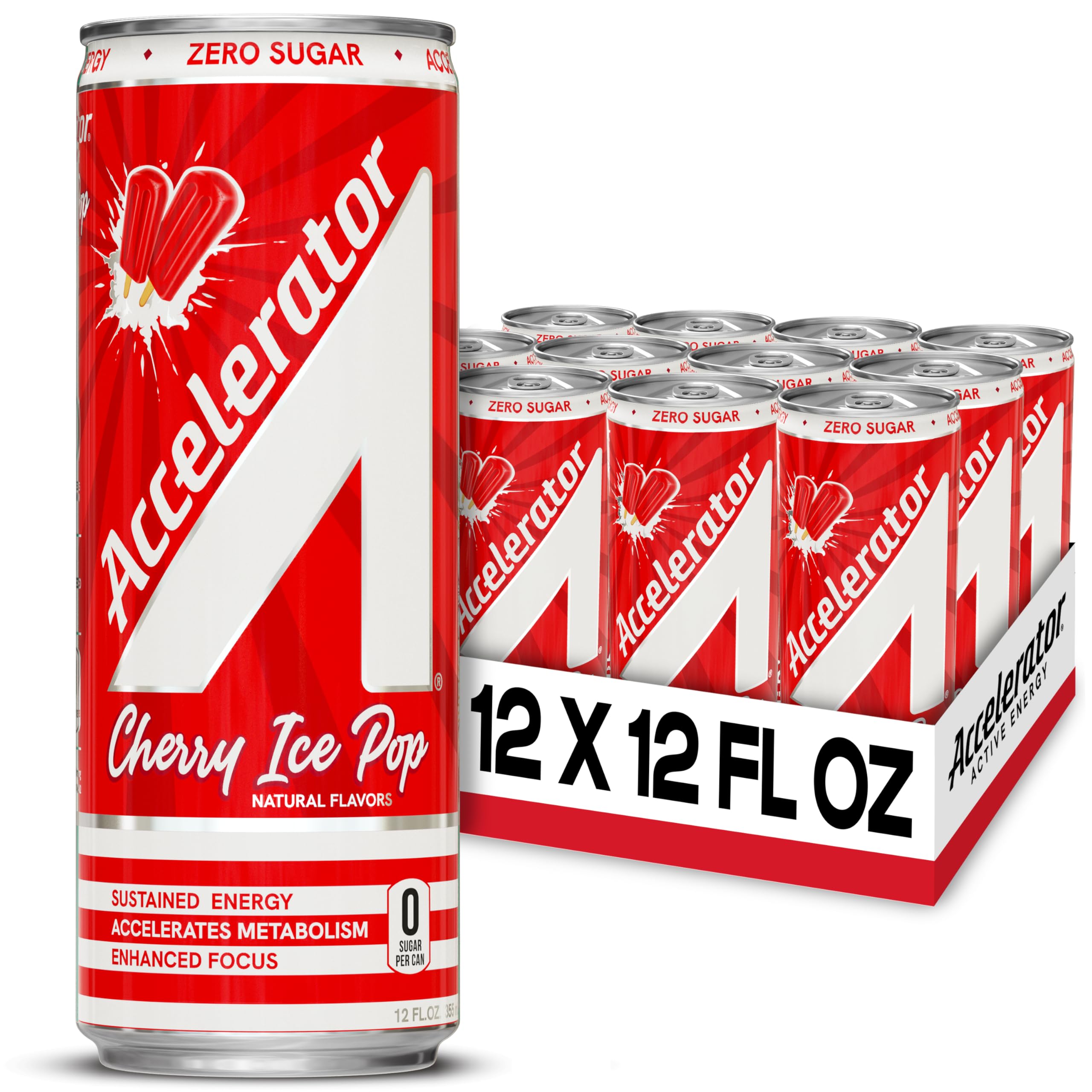 Accelerator Energy Drink, Cherry Ice Pop 12oz can (12 pack), Zero Sugar, Sustained Energy from 100% Natural Caffeine (200mg from Green Coffee Bean & Green Tea extract)