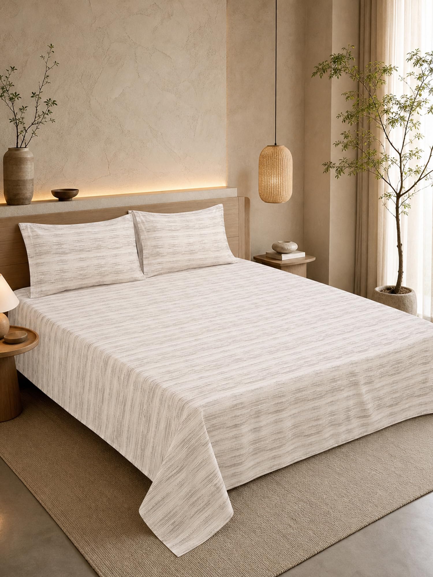 RESTORE Aaranya-Botanical Minimalist Collection King Size Bedsheet with 2 Pillow Covers, 100% Cotton, Beige-Geomatric Print, 275 x 275 cm, Soft Breathable Bedding for Home & Hotel-image-10