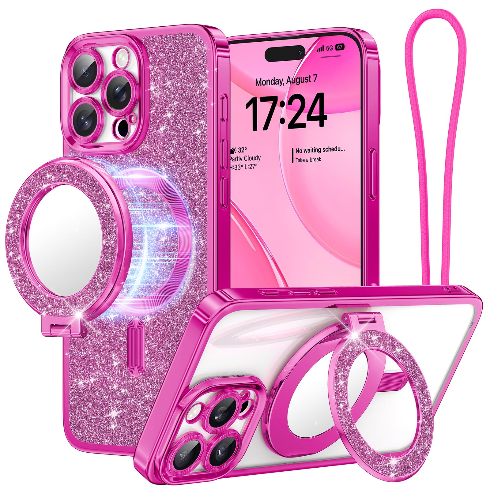 Coque Rose iPhone 16 Pro Max Magnétique Anneau Support Antichoc - 7