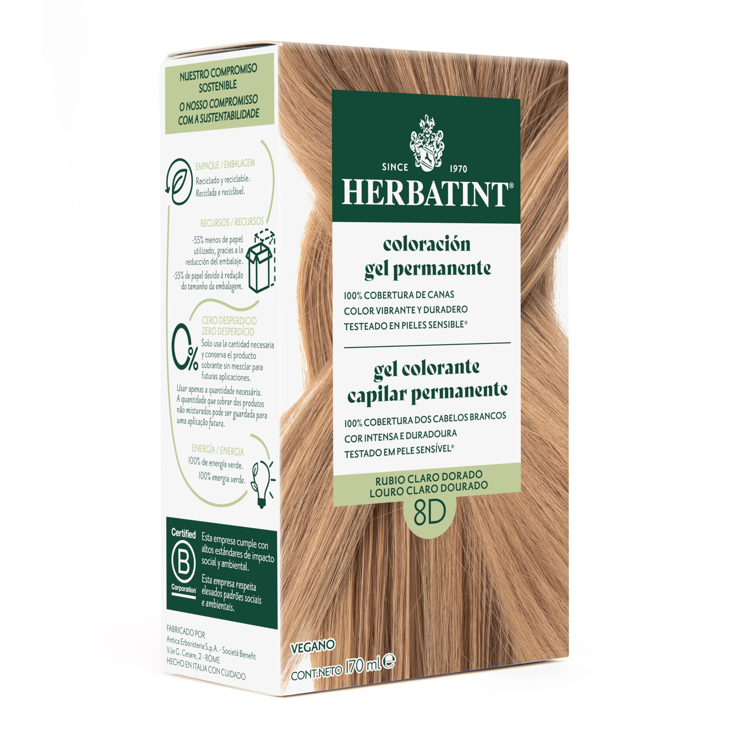 Herbatint Coloración para Cabello en Gel 8D Rubio Claro Dorado - 170 ml | Sin Amoníaco, Cobertura Óptima de Canas | con 8 Extractos Orgánicos, Ideal para Pieles Sensibles