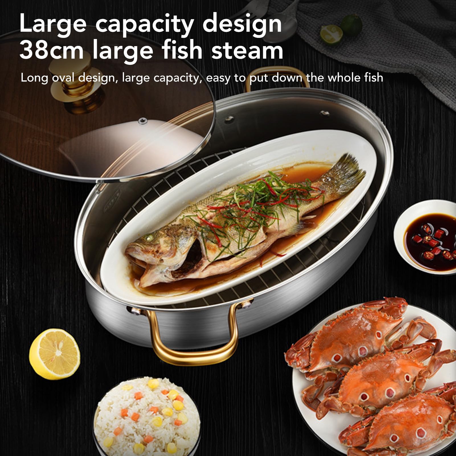 TOPINCN Pentola a Vapore per Pesce in Acciaio Inossidabile 304, Forma Ovale con Coperchio Trasparente e Piastra in Ceramica per Cuocere a Vapore Gnocchi di Zuppa di Pesce e Frutti di
