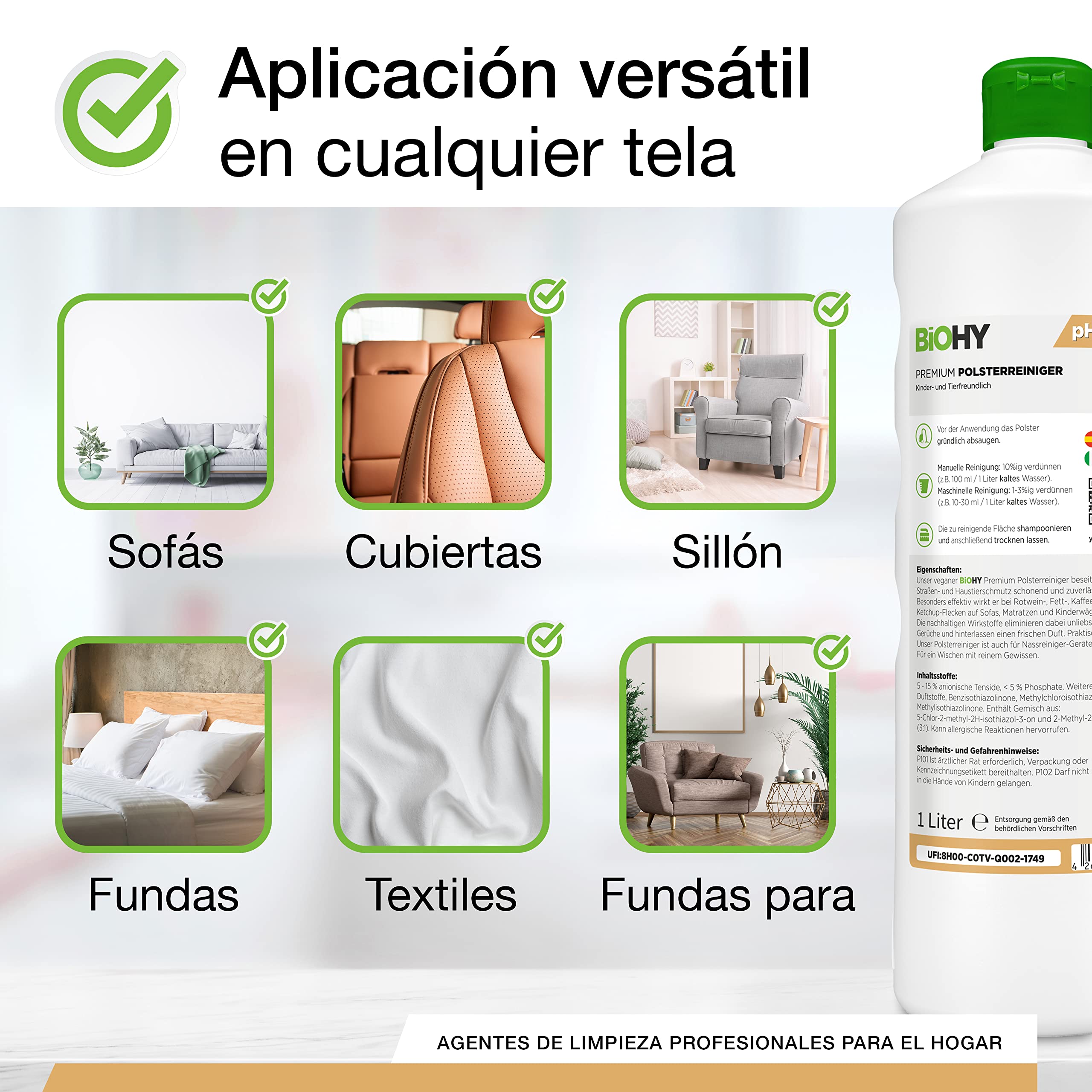 BiOHY Limpiador de Tapicerías Premium (6 botellas de 1 litro) + Dosificador | Concentrado para muebles tapizados, sofás, alfombras y textiles | quitamanchas que disuelven el olor (Premium Polster)