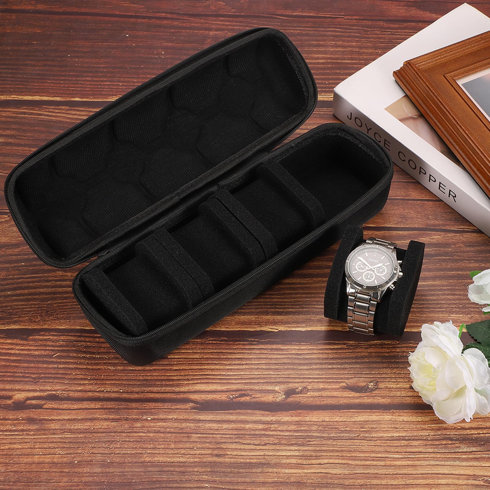 sourcing map Custodia rigida da viaggio per orologi 4 scomparti, organizer uomo donna, morbido cuscino orologi orologi intelligenti fino a 40 mm, nero