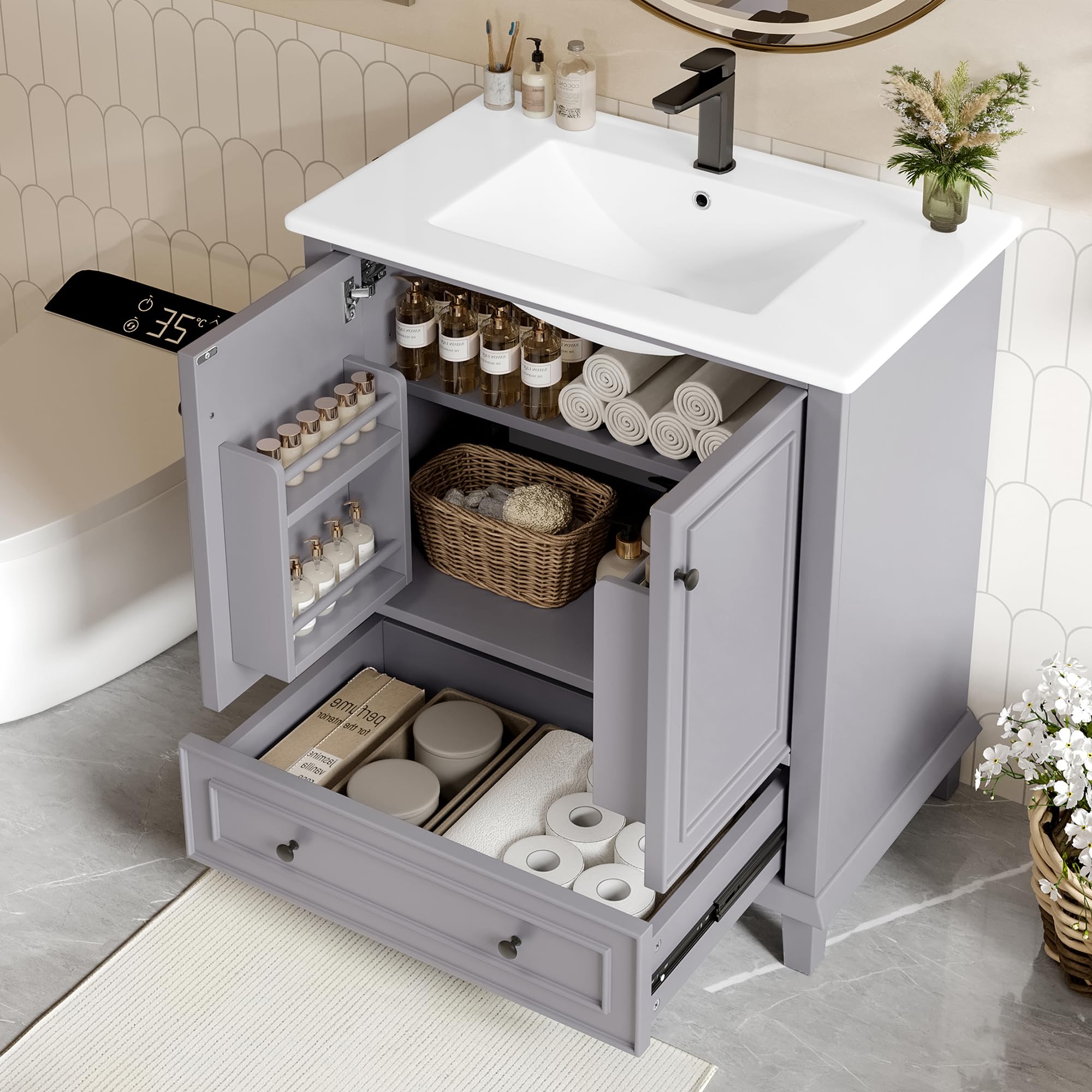 Dolamaní Set di mobili da bagno, 73 x 45 x 87 cm, lavabo con mobiletto, ampio spazio con 2 ante e un cassetto scorrevole silenzioso, per bagno, ospiti, WC e bagno (grigio)