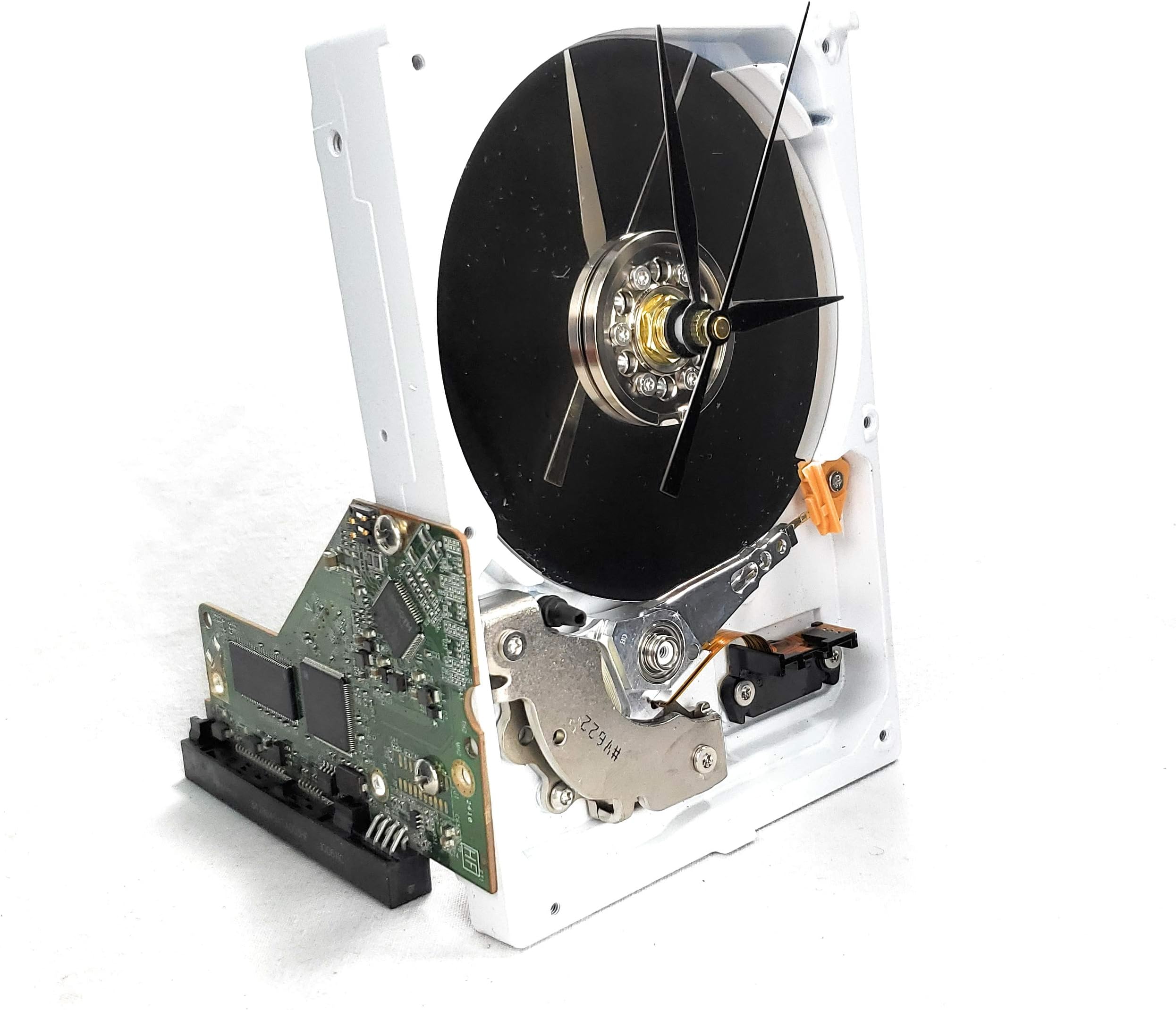 Up-cycled White & Silver Hard Drive Clock and Circuit Board stand - Modern Desk Clock
