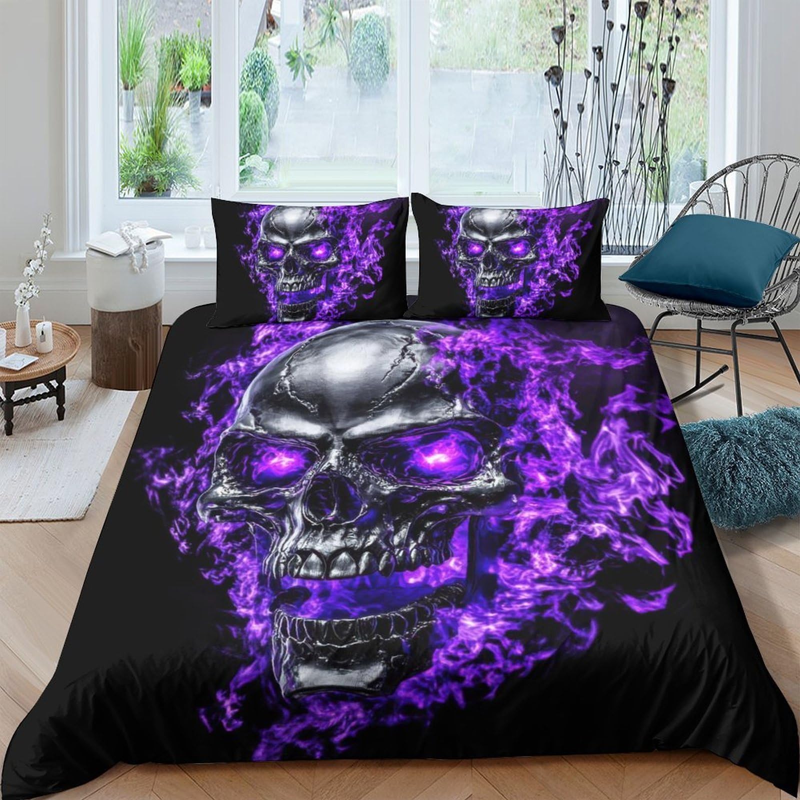 Ctjqhvkz Style-3 3D Printed Purple Skull Fitted Sheet Microfiber Soft Black Flame Mattress Cover For Bedroom Guest Room Dorm Decor Single（135X200cm）