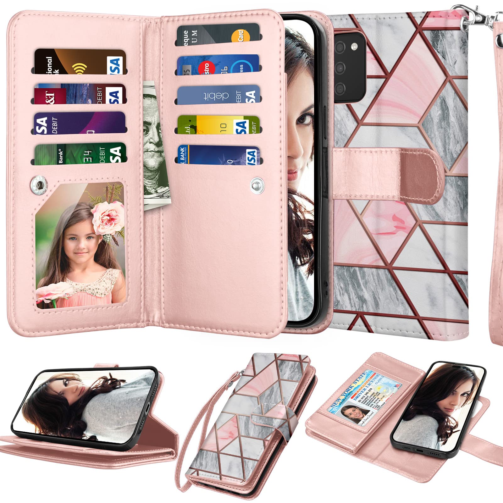 Njjex Wallet Case for Samsung Galaxy A03S, For Galaxy A03S Case, [9 Card Slots] PU Leather Credit Holder Folio Flip [Detachable] Kickstand Magnetic Phone Cover & Lanyard for Samsung A03S [Marble Pink]