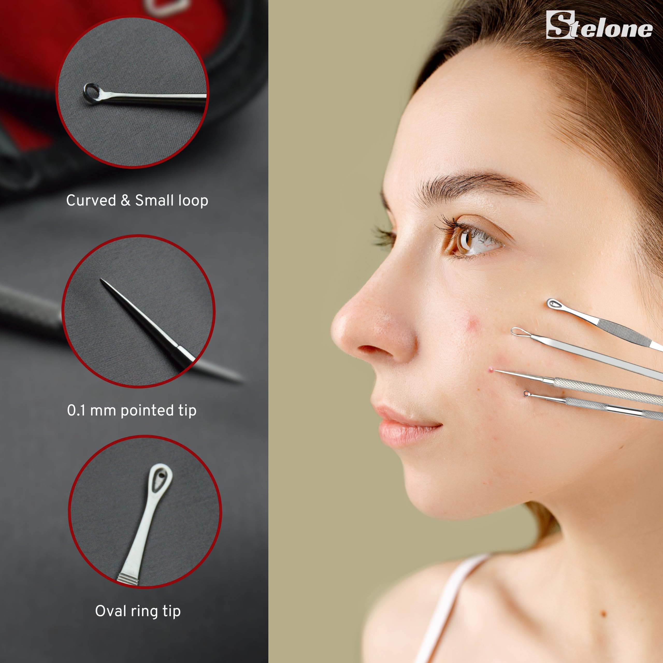Stelone Pimple Extractor Kit - Professional Blackhead & Acne Tools for Face and Body - Stainless Steel Comedone Extractor Set with Case