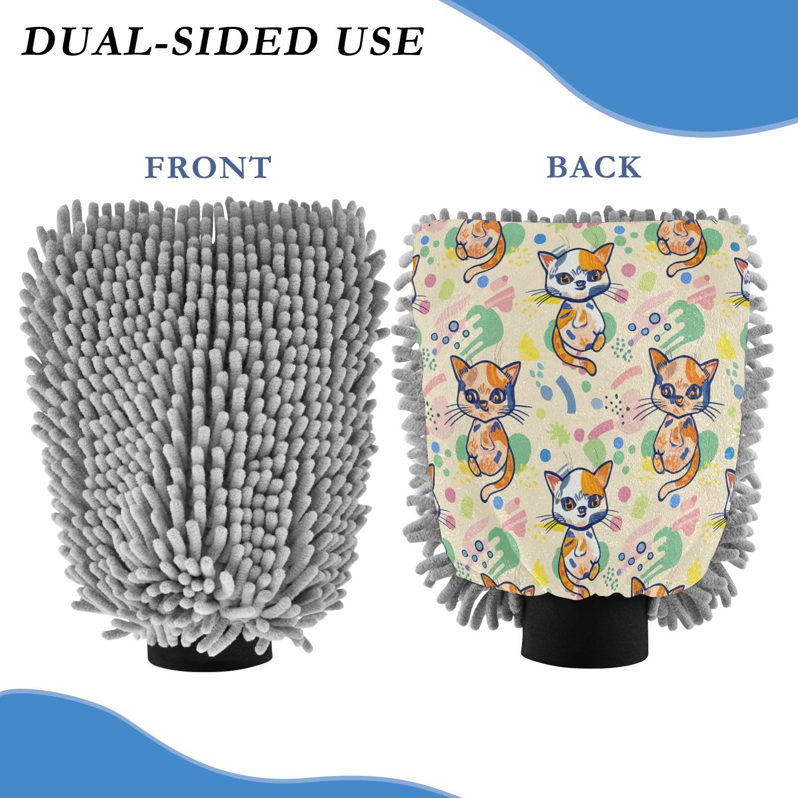 STAYTOP Cute Cartoon Cat Car Wash Mitt Microfiber, 2Pcs Scratch Free Lint-Free, Premium Chenille Microfiber Mitt Car Wash Brush-M