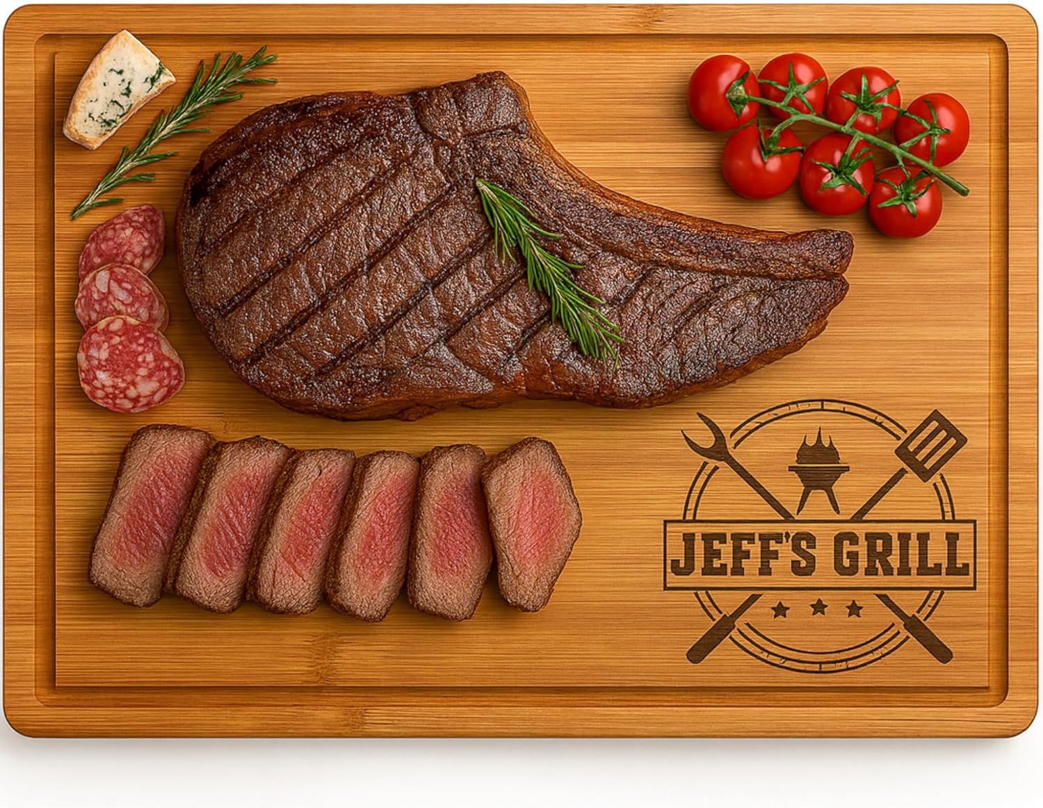 Personalized Bamboo Grill Cutting Board for Dad, Husband, BBQ Masters - Custom Engraved, Juice Groove, Reversible Father's Day Gift