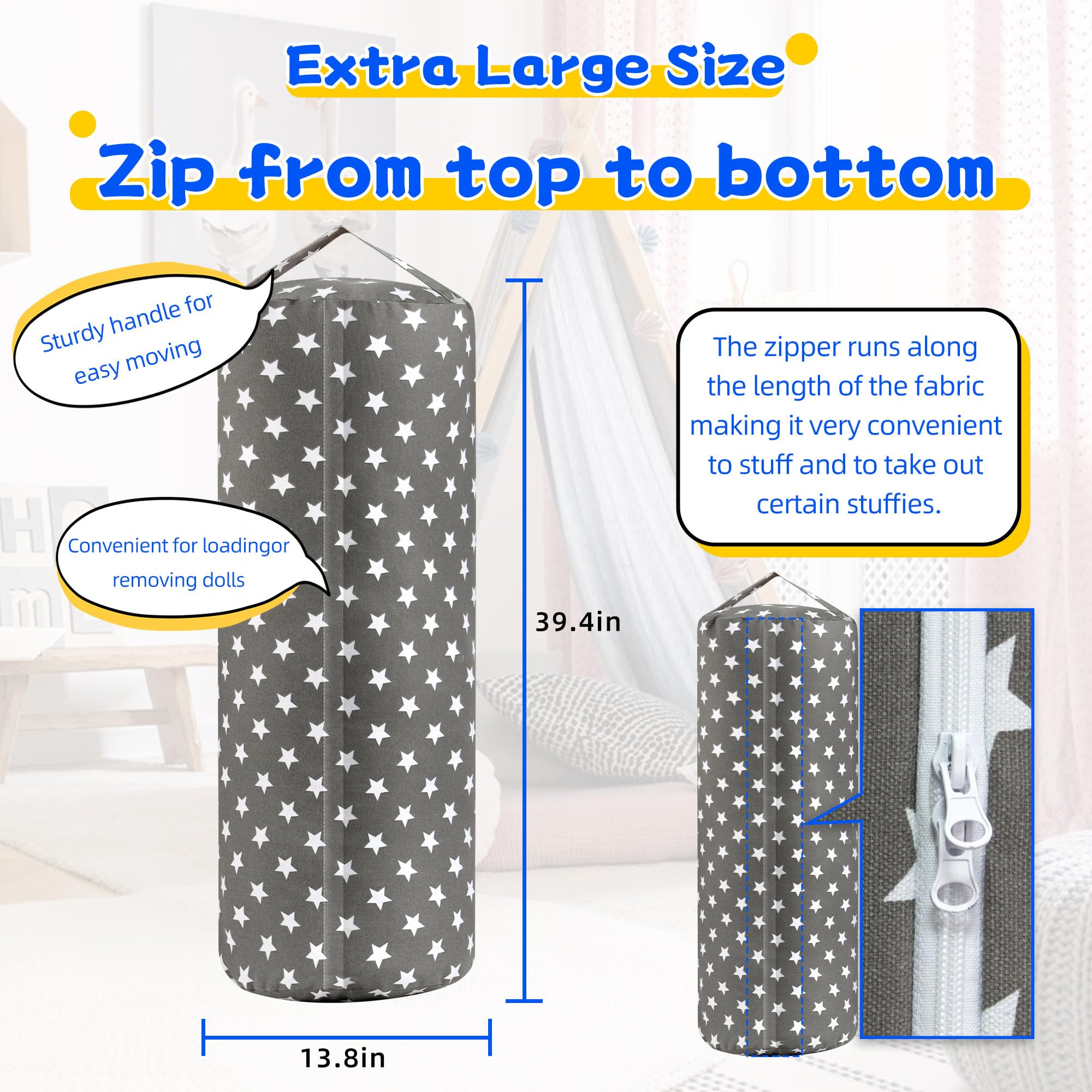 LAHAQIQI Stuffed Animal Storage Bean Bag Cover for Kids Plush Toys Organizer Bags for Boys and Girls A Full-length Zipper Cylinder Room Furniture Decor - Image 4