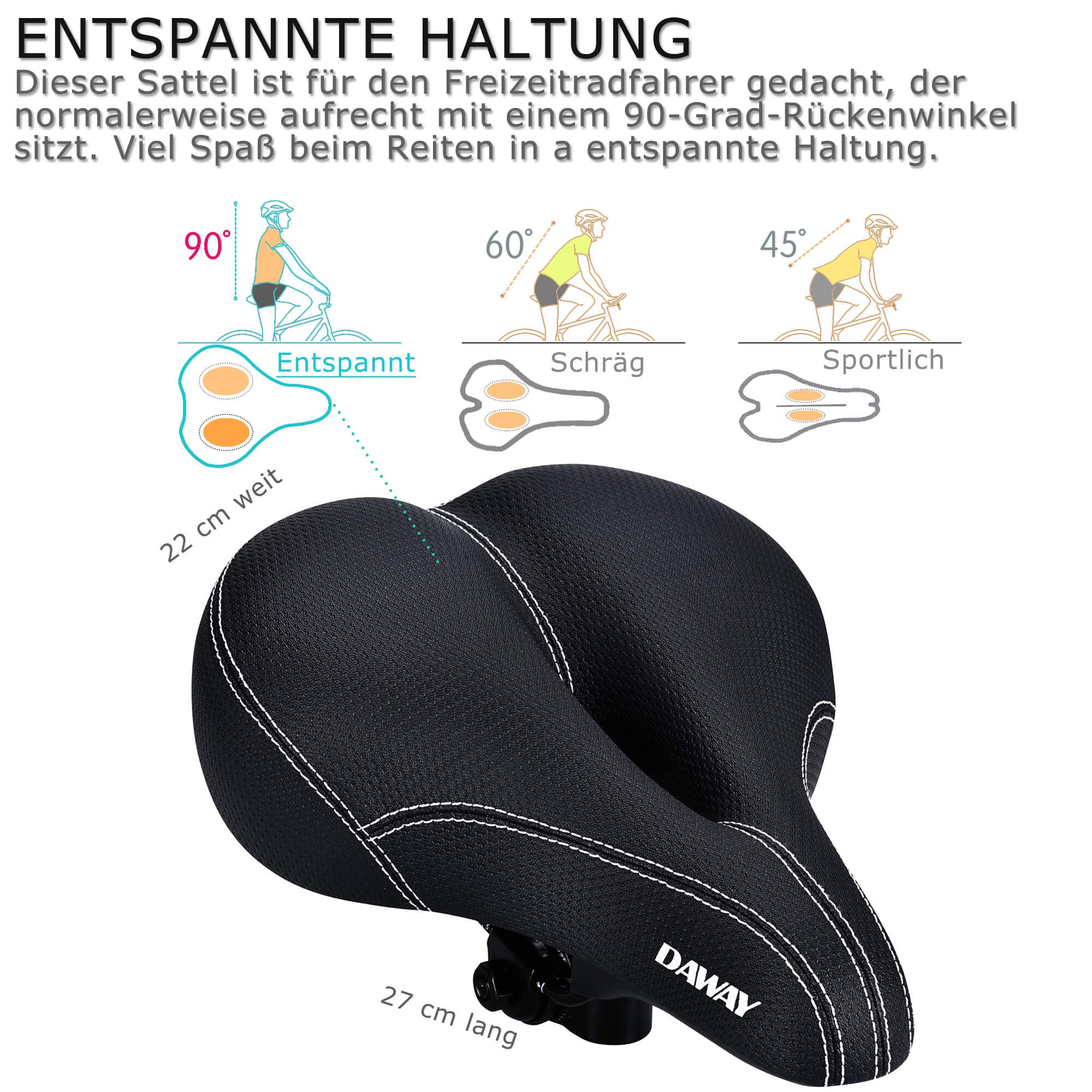 DAWAY C99 Ergonomisch Fahrradsattel für Damen Herren - Bequemer Fahrradsitz, Breiter Weicher Leder Fahrrad Sattel, Stoßdämpfend, Schaumstoff Gepolstertes, mit wasserdichte Abdeckung