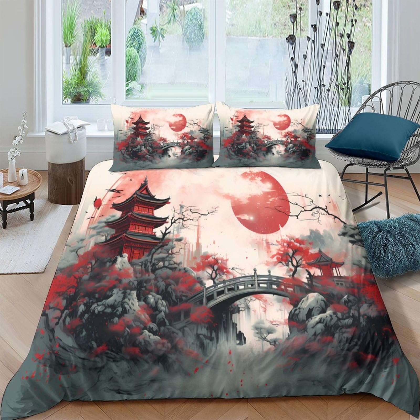 Ctjqhvkz Style-4 3D Printed Japanese Pagoda Fitted Sheet Microfiber Red Moon Bridge Mattress Cover Anti-Slip Washable Bedroom Guest Room Decor Single（135X200cm）