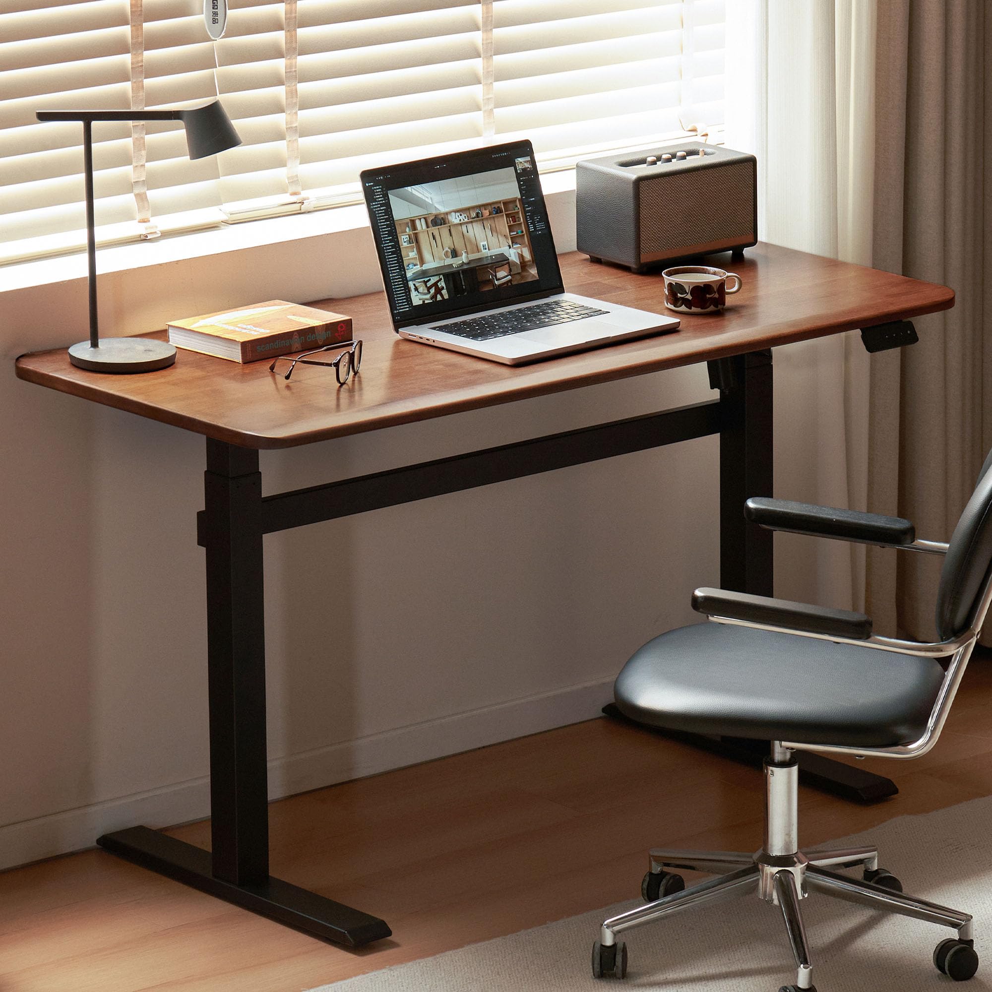 Solid Wood Electric Height Adjustable Standing Desk, Walnut Rubber Wood Home Office Sit Stand Desk with Cable Management Tray for Study Living Room 55.11" W