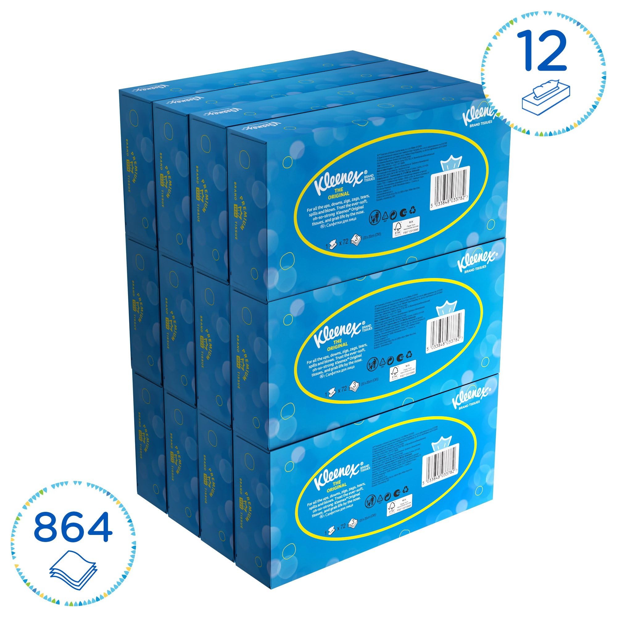 Kleenex Kosmetiktücher in Taschentücher Box, 3-lagige weiße Papiertücher, Dermatologisch getestet und FSC-zertifiziert, parfümfrei - 12 x 72 (864 Papiertaschentücher), Artikel-Nr. 8824