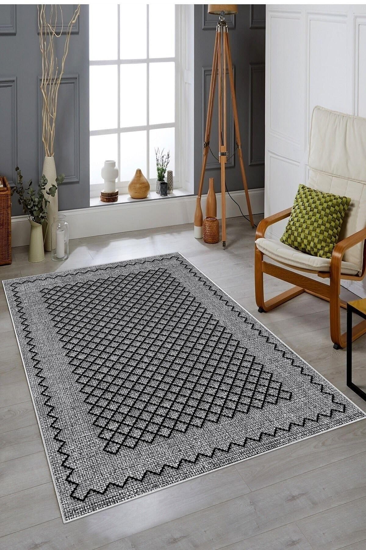 Pelangi Gri Kenar Işleme Yıkanabilir Kaymaz Taban Leke Tutmaz Modern Salon Halısı Ve Yolluk, Koyu Gri-Siyah 120 x 180, 135809212018005