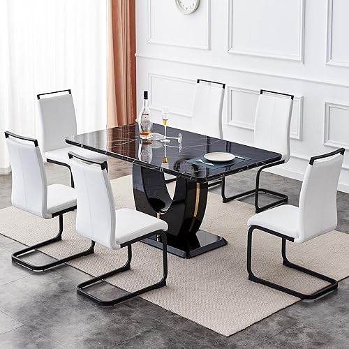 Miniatura 28 de Juego de mesa de comedor para 6, juego de sillas de cocina de 6, juego de comedor moderno con mesa de 63' de mármol y sillas tapizadas de PU para la