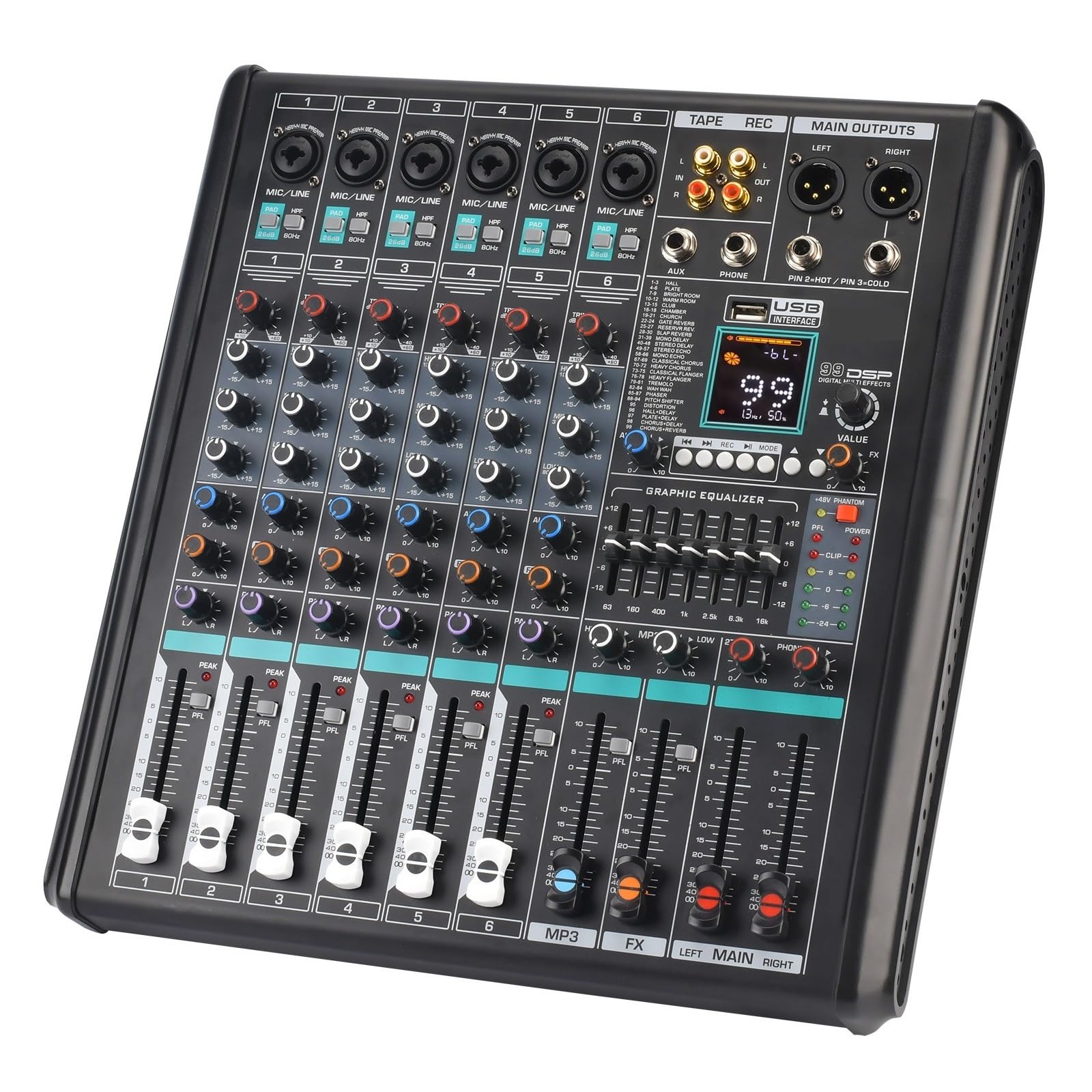 DJ-Audiomixer 6-Mono-Kanal-Mischpult, Monitor, Low Cut, 99 DSP-Effekt-PAD, Bluetooth-Audio-Sound-Mixer, 7-Band-EQ, USB-Aufnahme