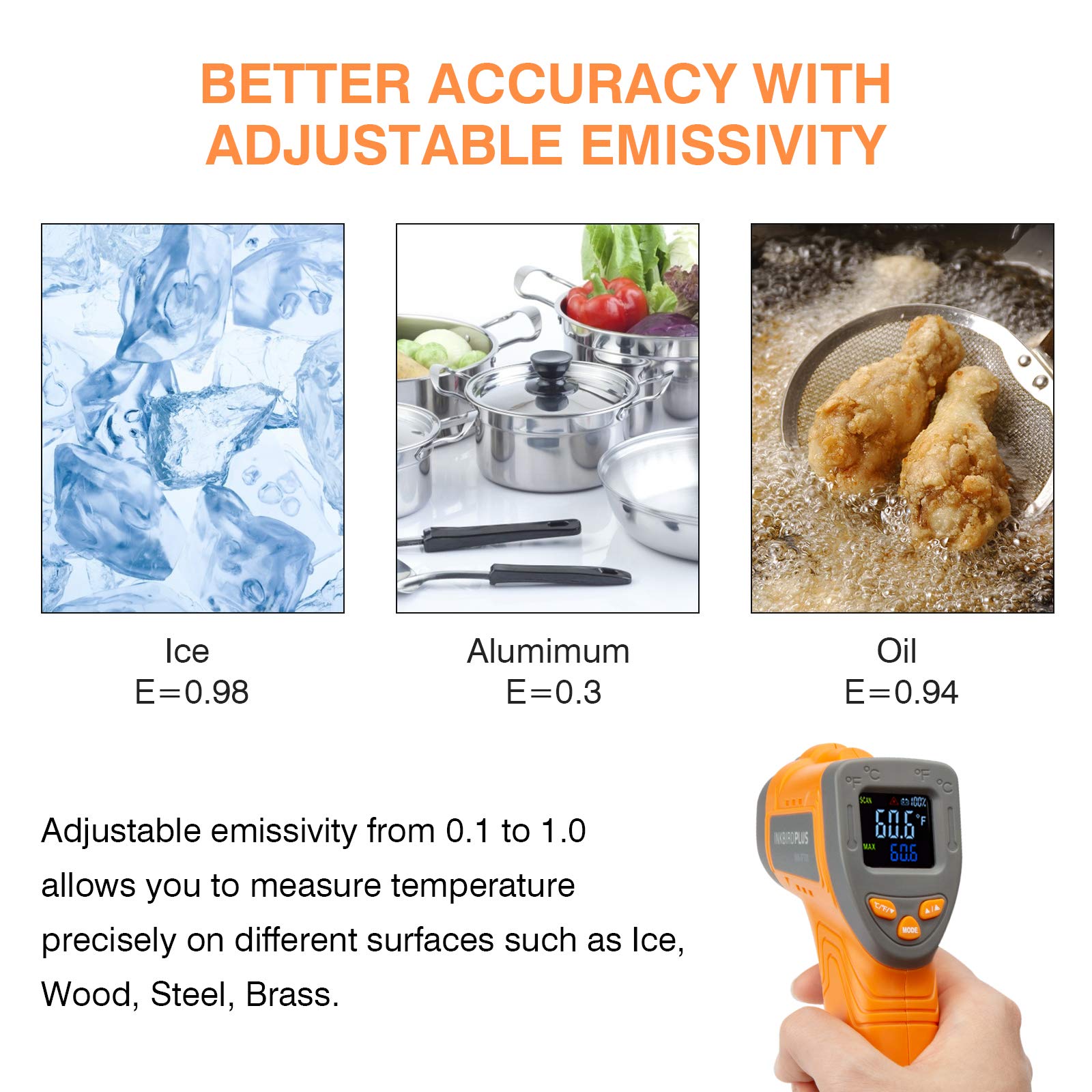 Inkbird Thermomètres à Infrarouges INK-IFT01,Sans Contact Laser Thermometre Infrarouge pour Industrial -50 ° C to 550 ° C, Ecran LCD Rétroéclairé,Alarme et Émissivité Réglable(pas pour l'homme)