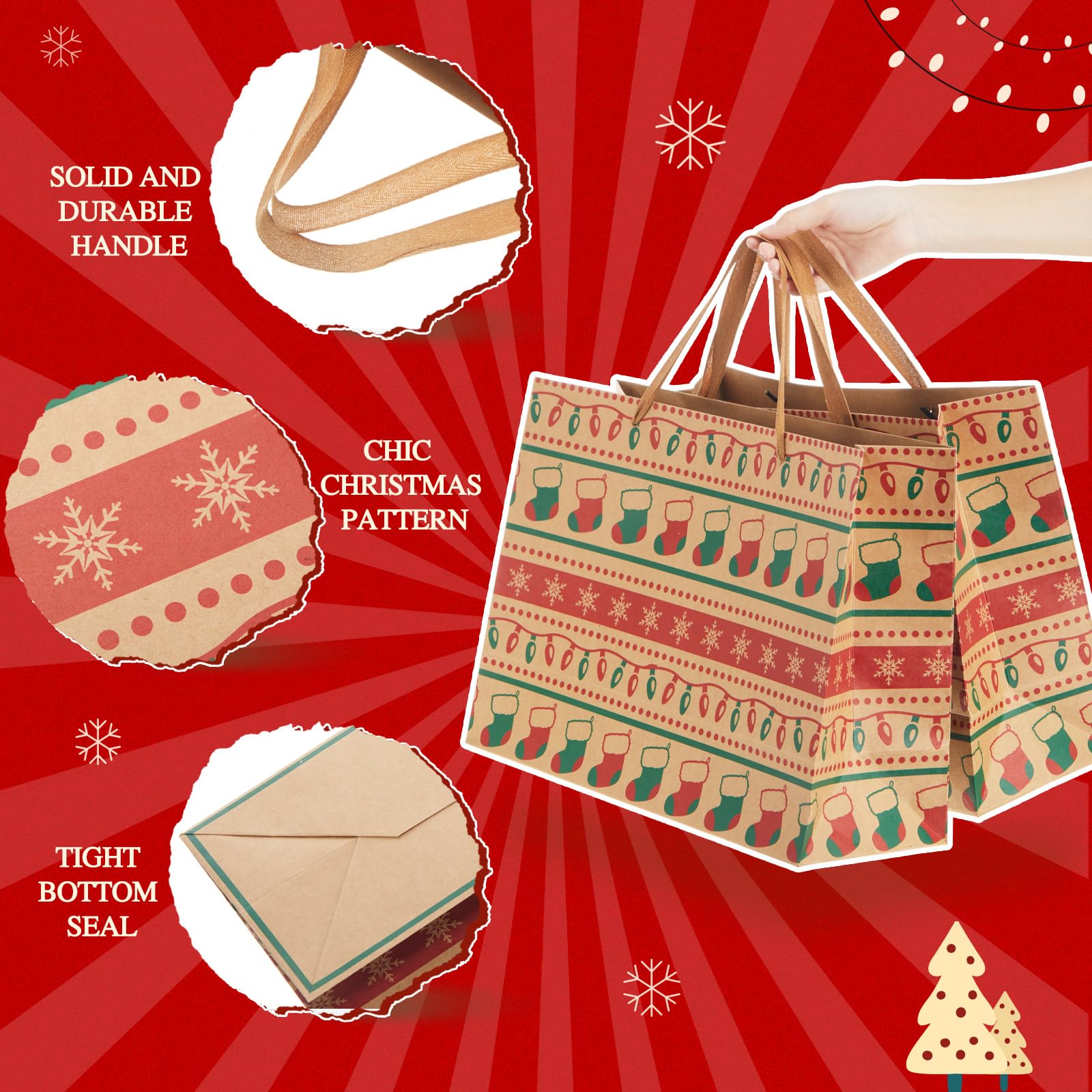 Gueevin Lot de 24 sacs cadeaux de Noël extra larges en papier kraft avec poignée 40,6 x 30,5 x 15,2 cm Jumbo surdimensionnés pour friandises de Noël, bonbons, friandises, fournitures de fête
