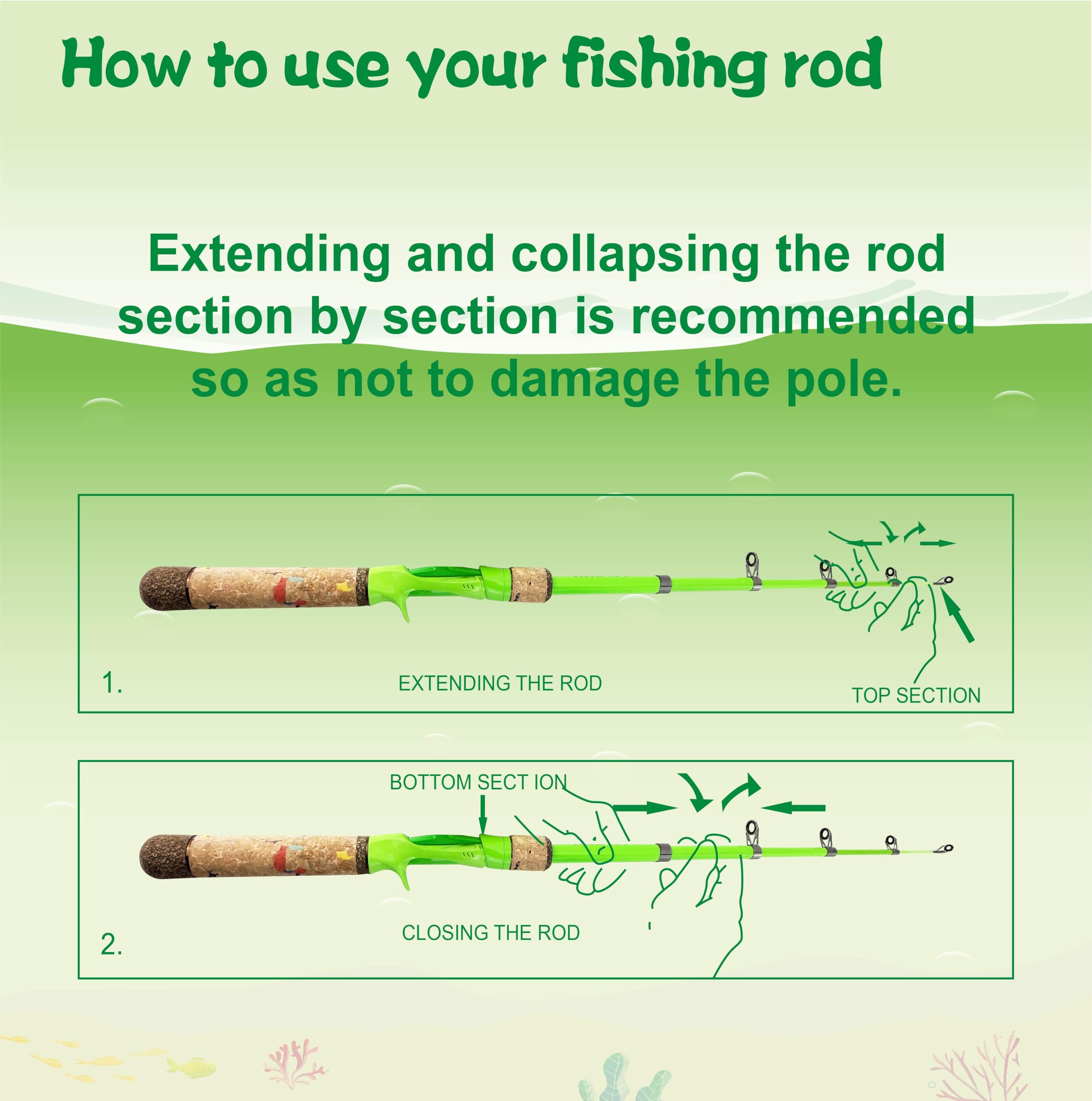 Juego de caña de pescar para niños, combo de caña de pescar y carrete y caja de aparejos de red de pesca con anzuelos de pesca y bolsa para niños, niñas, jóvenes, principiantes, mayores de