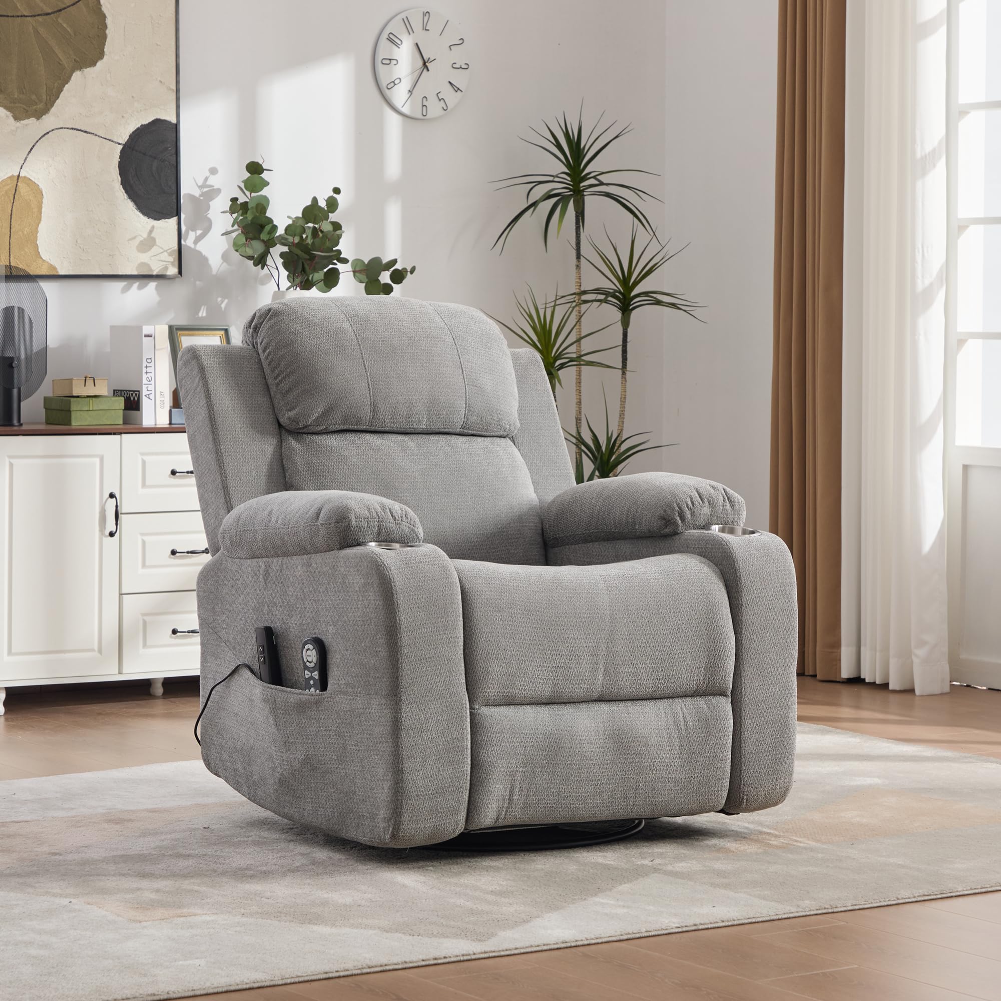 Sillón de relax eléctrico con masaje y calor, giratorio 360°, respaldo y reposapiés ajustables, soporte para bebidas, funda de chenilla gris