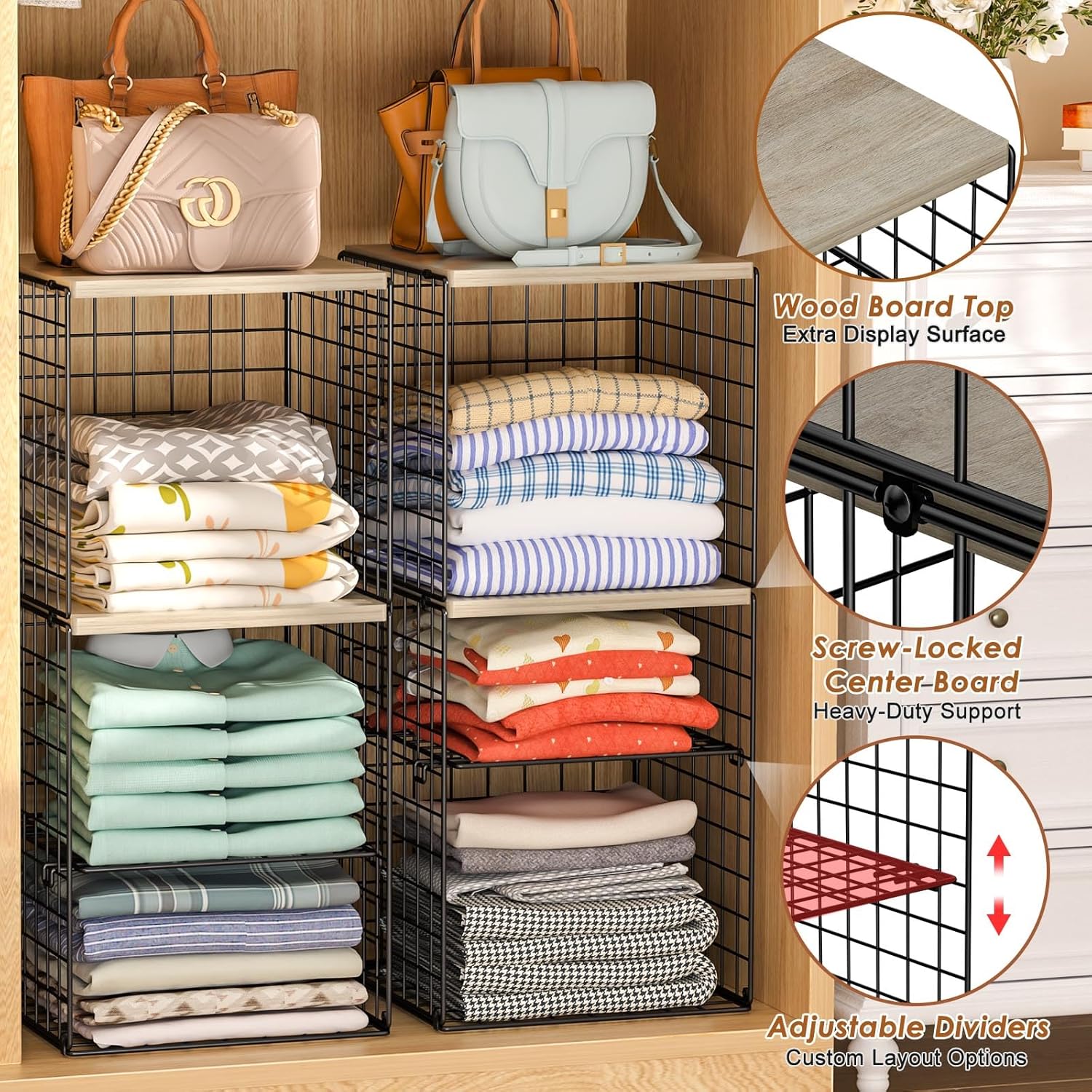 2 Pack Closet Organizer System, Extra Tall & Large Capacity Closet Shelves with Adjustable Dividers, 3-Tier Stackable Storage Bins with Wood Top (Up to 6 Tiers), for Clothes Wardrobe Organization