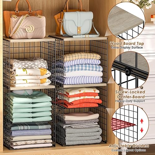 Miniatura 5 de Organizadores y almacenamiento de armario de 6 niveles, estantes de armario con divisores ajustables y parte superior de madera, contenedores de