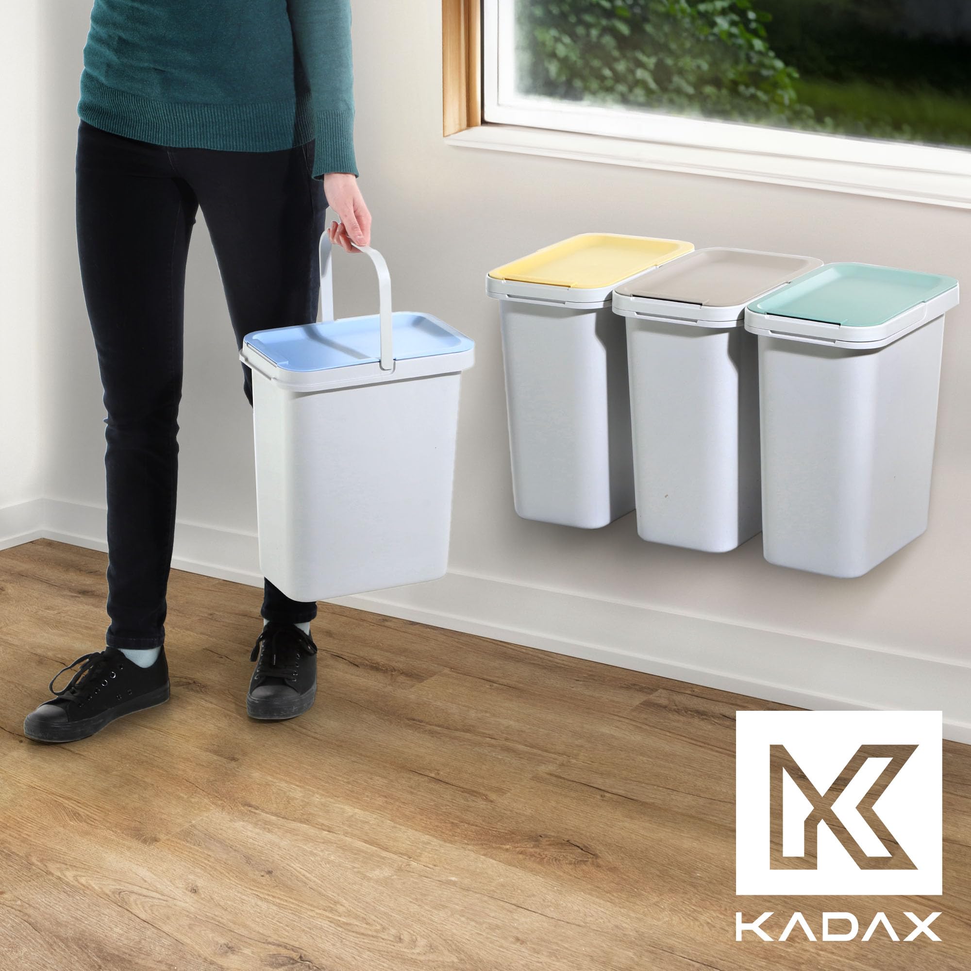 KADAX Set di Pattumiera per Raccolta Rifiuti, Sistema di Raccolta, Robusto Contenitore Con Coperchio Denso, in Plastica (Bianco 4 x 12L)