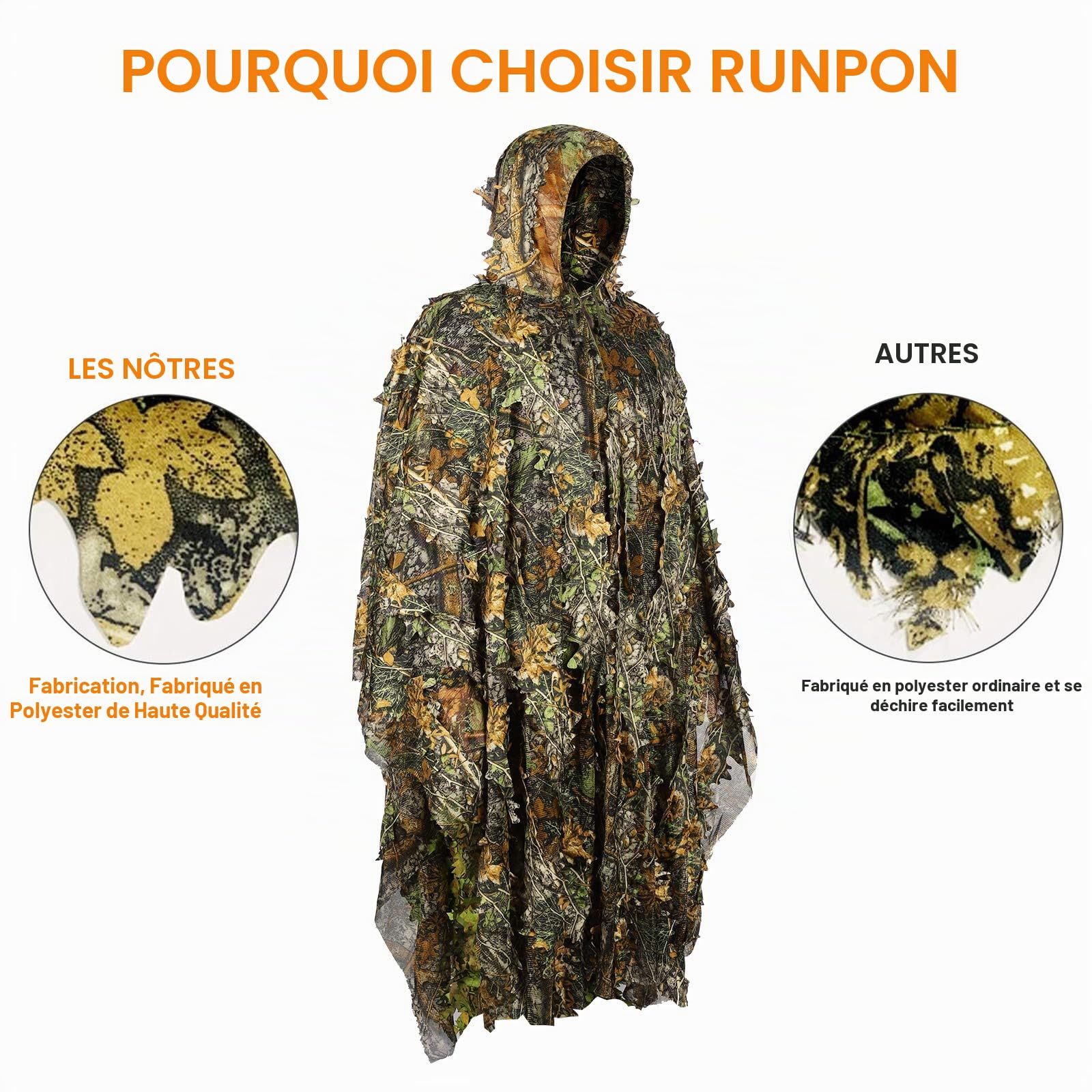 Poncho de camouflage Ghillie en 3D - Motif feuilles - Pour la chasse et la chasse