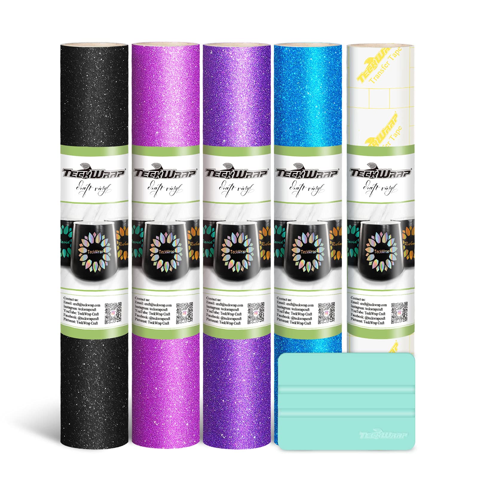 TECKWRAP Glitter Vinyl Queen Colors Shimmer Adhesive Vinyl Bundle 12" x 36"/Rolls for DIY Craft, Arts(Aqua Blue,Knight Black,Violet Purple,Fuchsia)