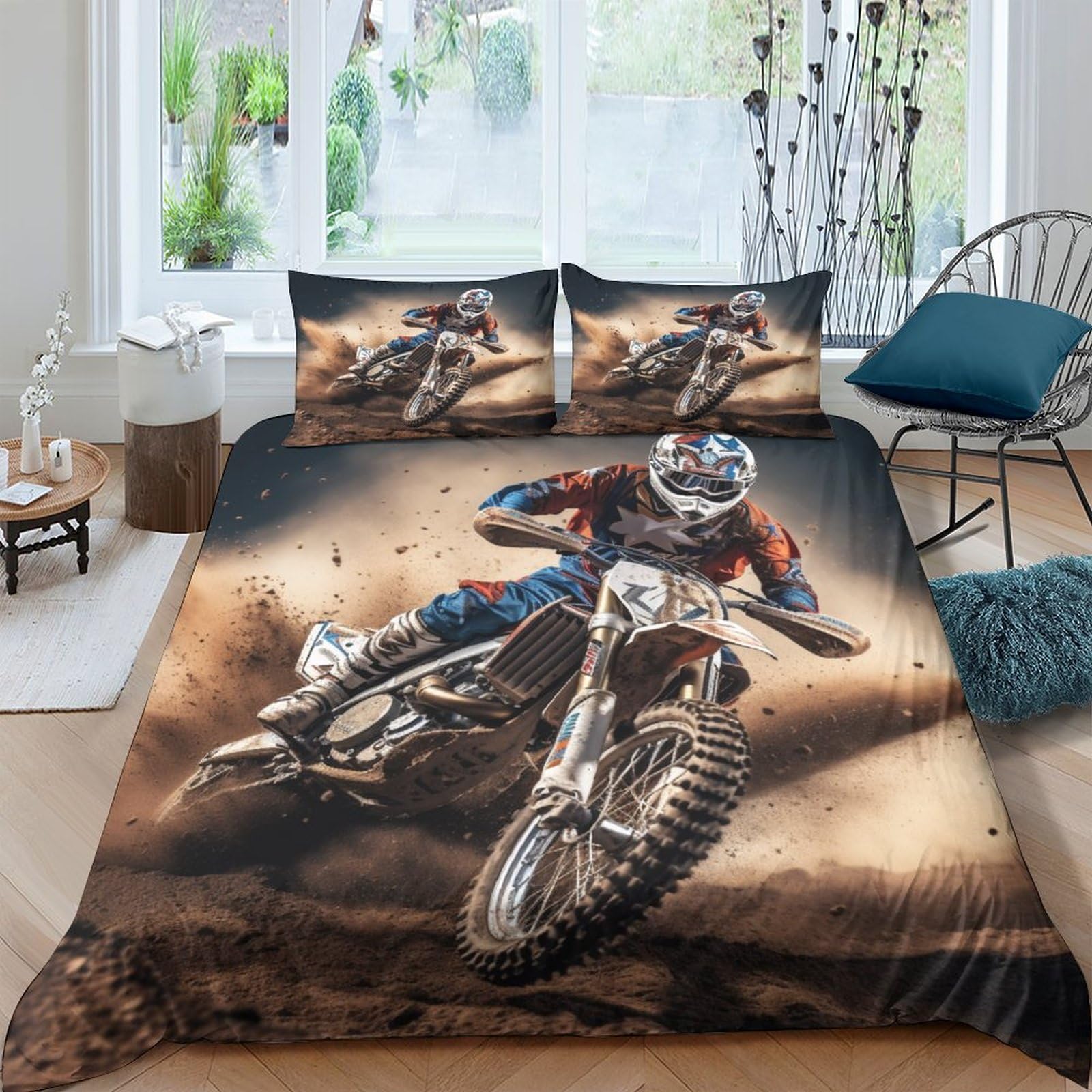 BARDYS Motocross Duvet Cover Set for Childrens And Adults 3D Printed Bedding Set Motorbike Comforter Cover Soft Microfiber with Zipper Quilt Cover with Pillowcaser Double（200x200cm）
