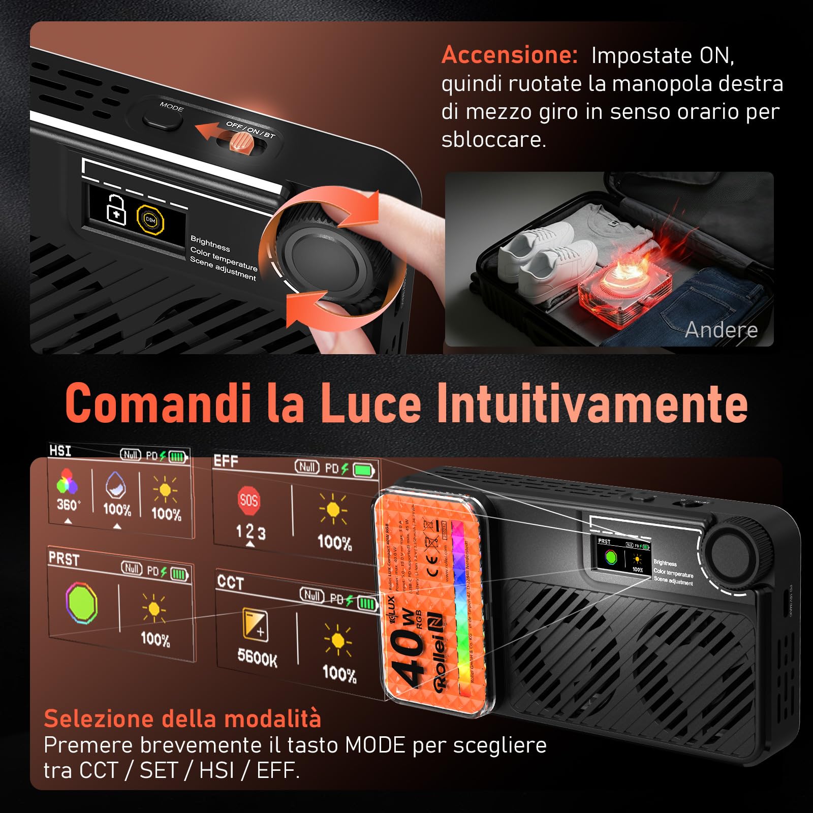 Rollei LUX Compact 40W RGB Faretto Fotografia, Luce Macchina Fotografica Portatile 282 g con Batteria Integrata Ricarica di Tipo C Controllo delle App Candela, Luci-Fotografia-Faretto-Video-Fotocamera