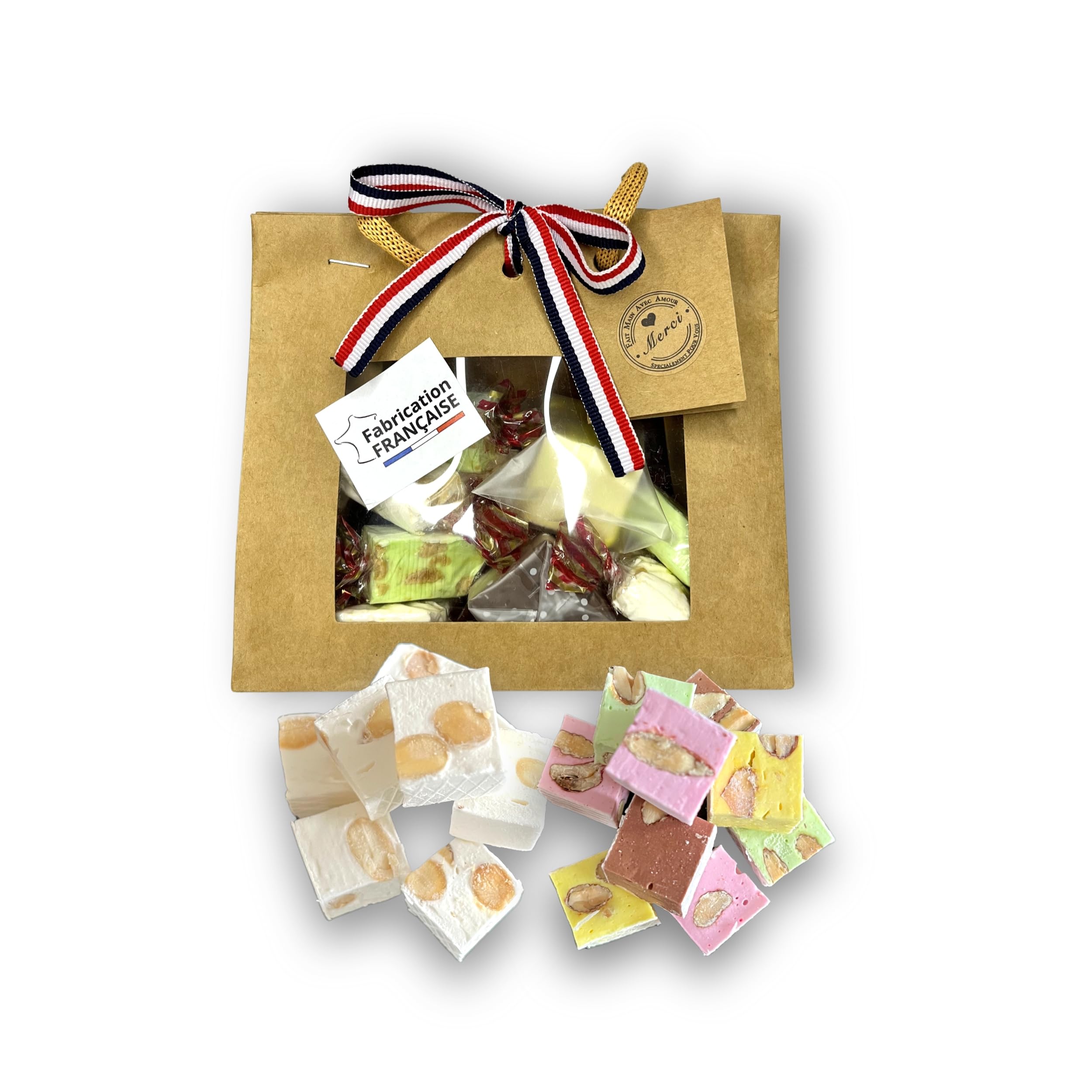 Panier de Nougat tendre - Coffret Gourmand sucré Cadeau original à offrir - Idée plaisir Fabrication Française - Parfum naturel saveurs chocolat pistache amande cacahuètes