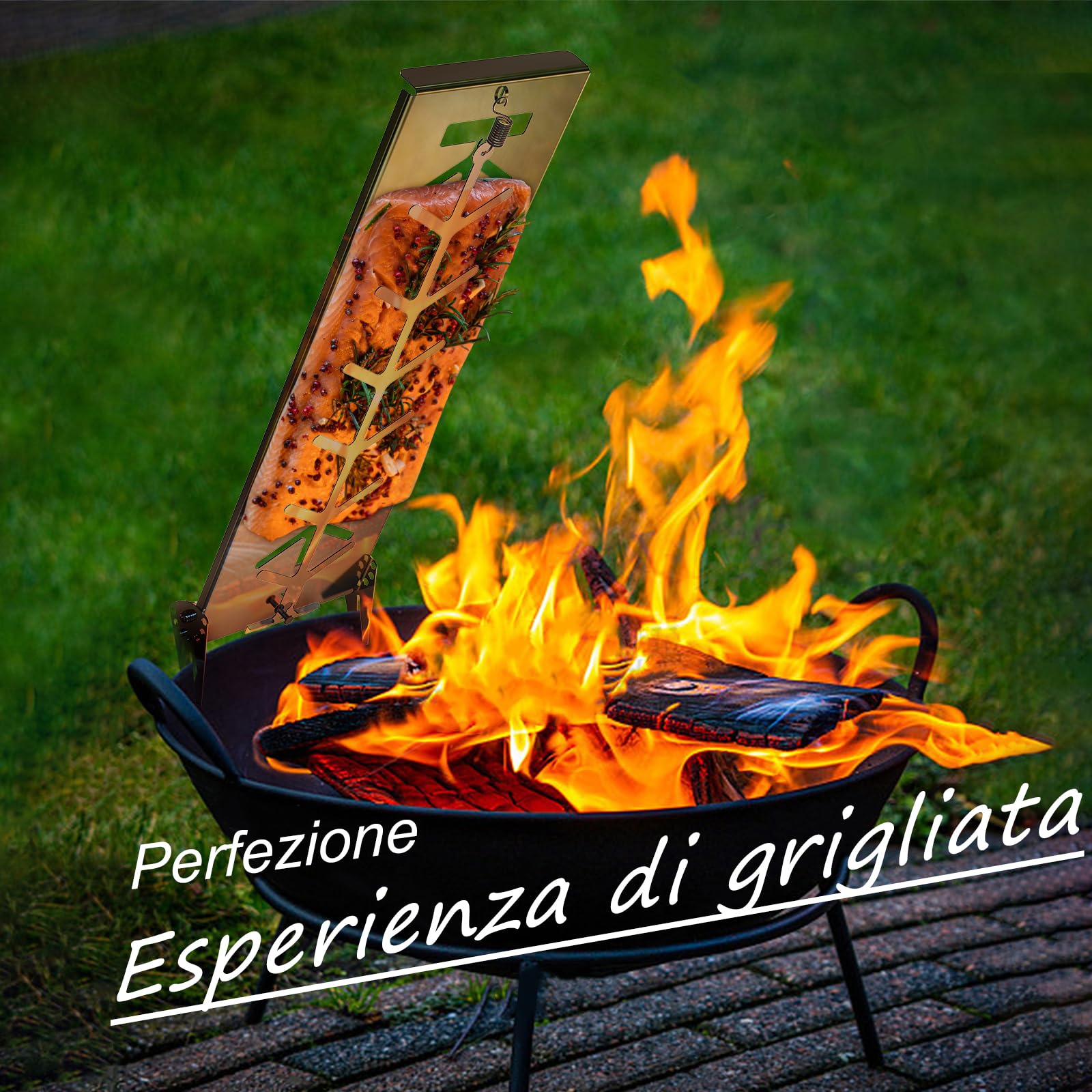 Placca per Salmone in Acciaio Inox con Supporto-flammlachsbrett edelstahl–Piastra Inox per Barbecue e Braciere, Cottura Finlandese Salmone, Regolabile 7 Angoli, Lavabile in Lavastoviglie