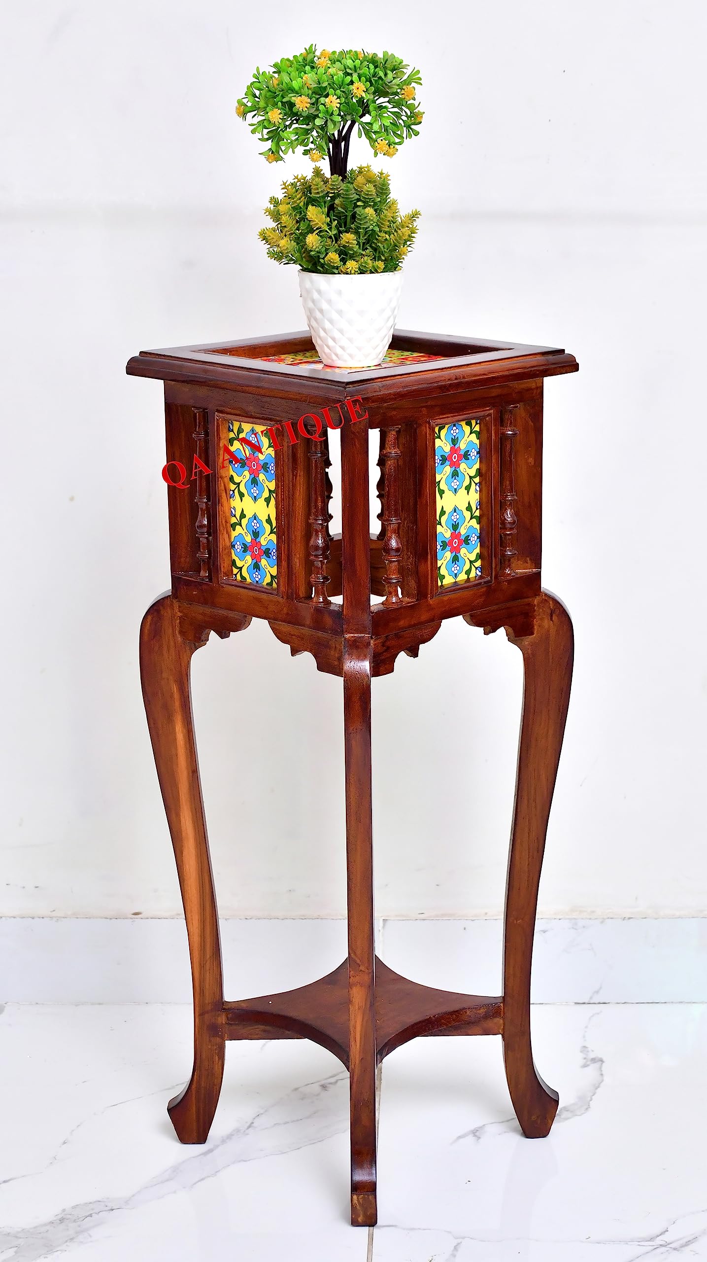 QA Antique Look Teak Wood Planter Table with Floral Tile Top (30 x