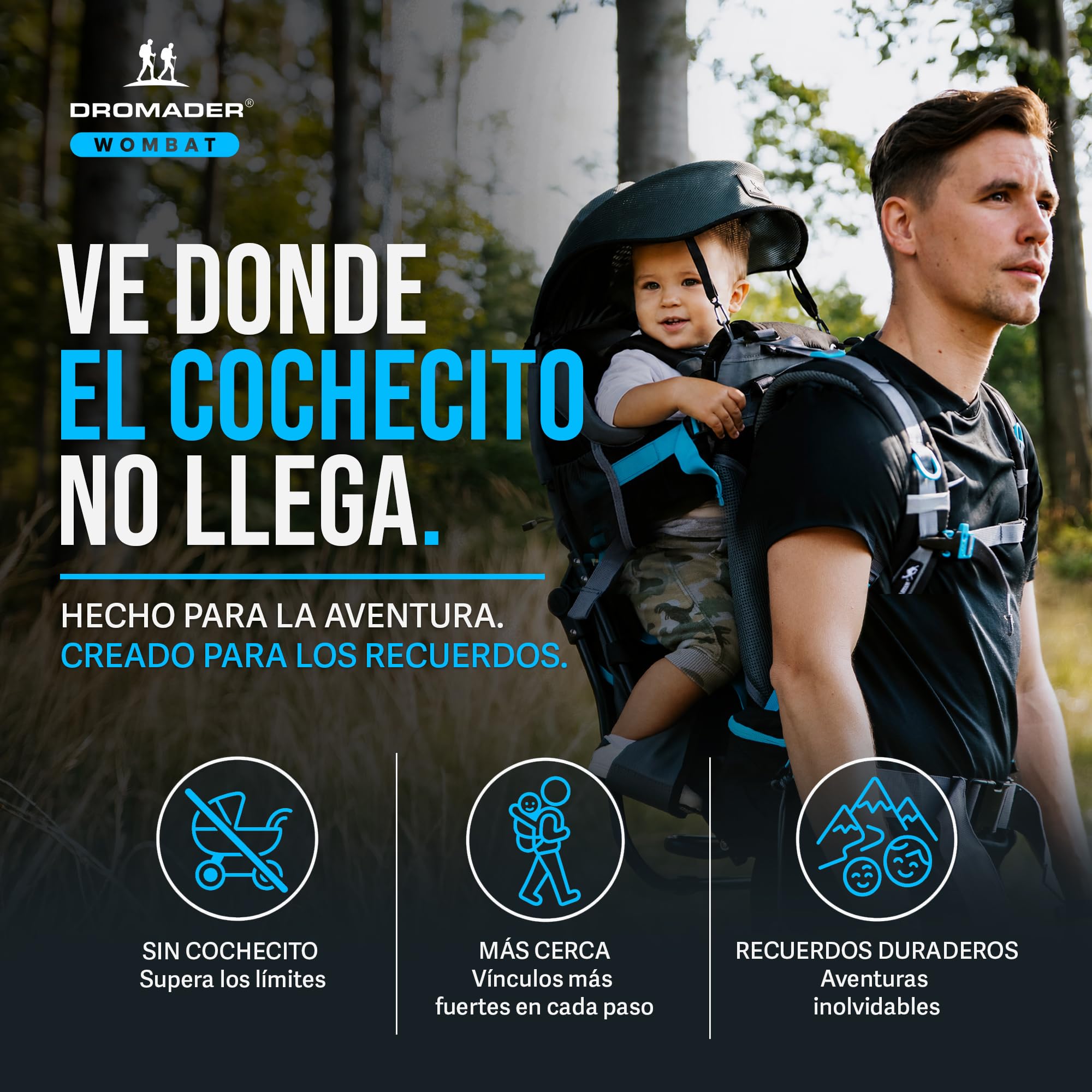 DROMADER Mochila Portabebe Montaña - Portabebes Senderismo hasta 22kg con Protector Solar, Protector de Lluvia, Bolsillo Térmico y Cambiador - Estructura Plegable con Una Mano - Negro y Azul