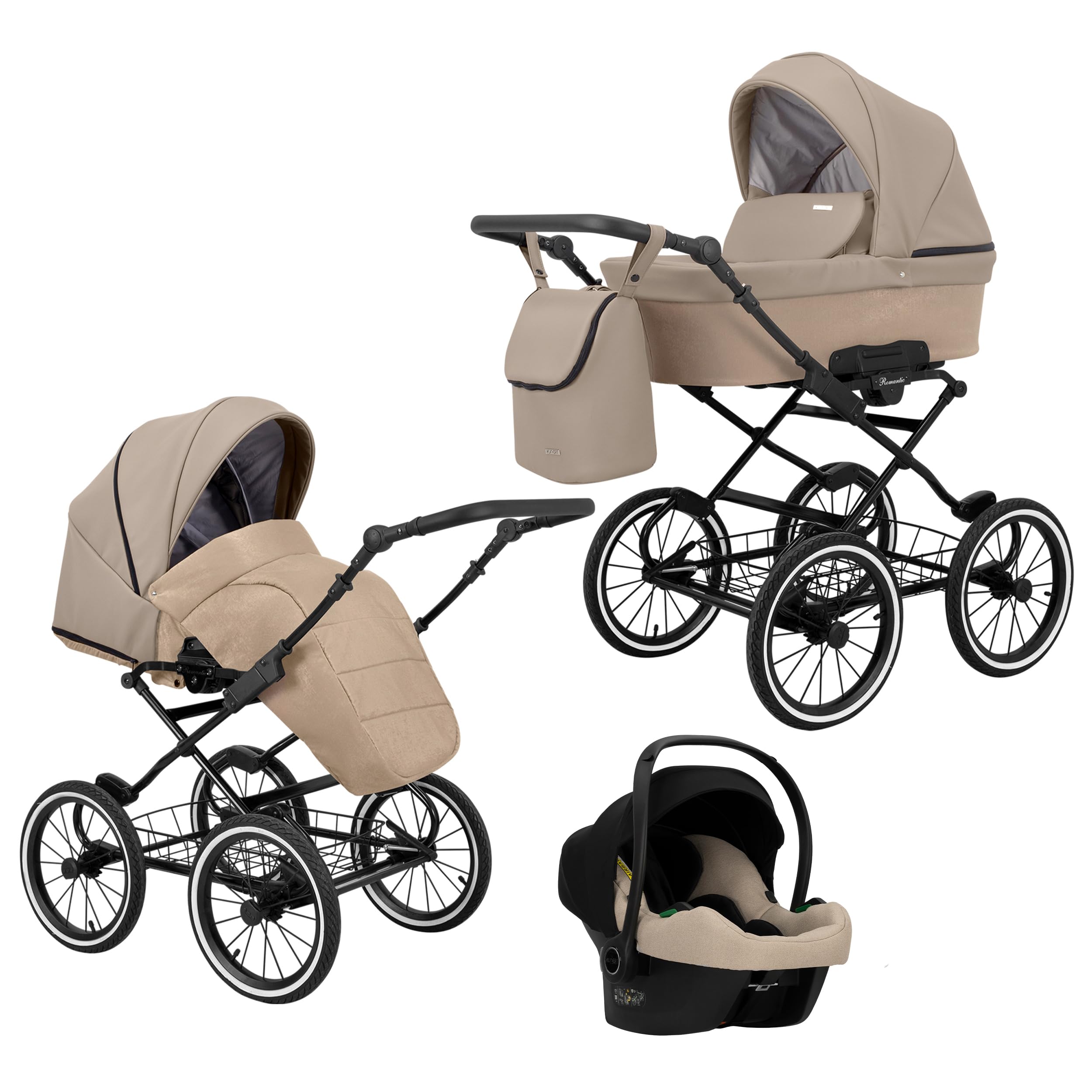 Poussette landau bébé 3 en 1 et 2 en 1 nacelle siège-auto bébé Kunert ROMANTIC retro 3en1 et 2en1 pousette 3 in 1 et 2 in 1 (cappucino eco- cadre noir, 3en1 Cosmo)