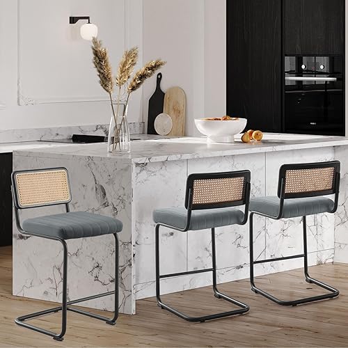 Counter Height Bar Stools Set of 3, 26" Rattan Counter Stool Velvet Upholstered Barstool with Cane Back & Metal Frame, Mid Century Modern Bar Chair for Kitchen Counter Island (Grey)