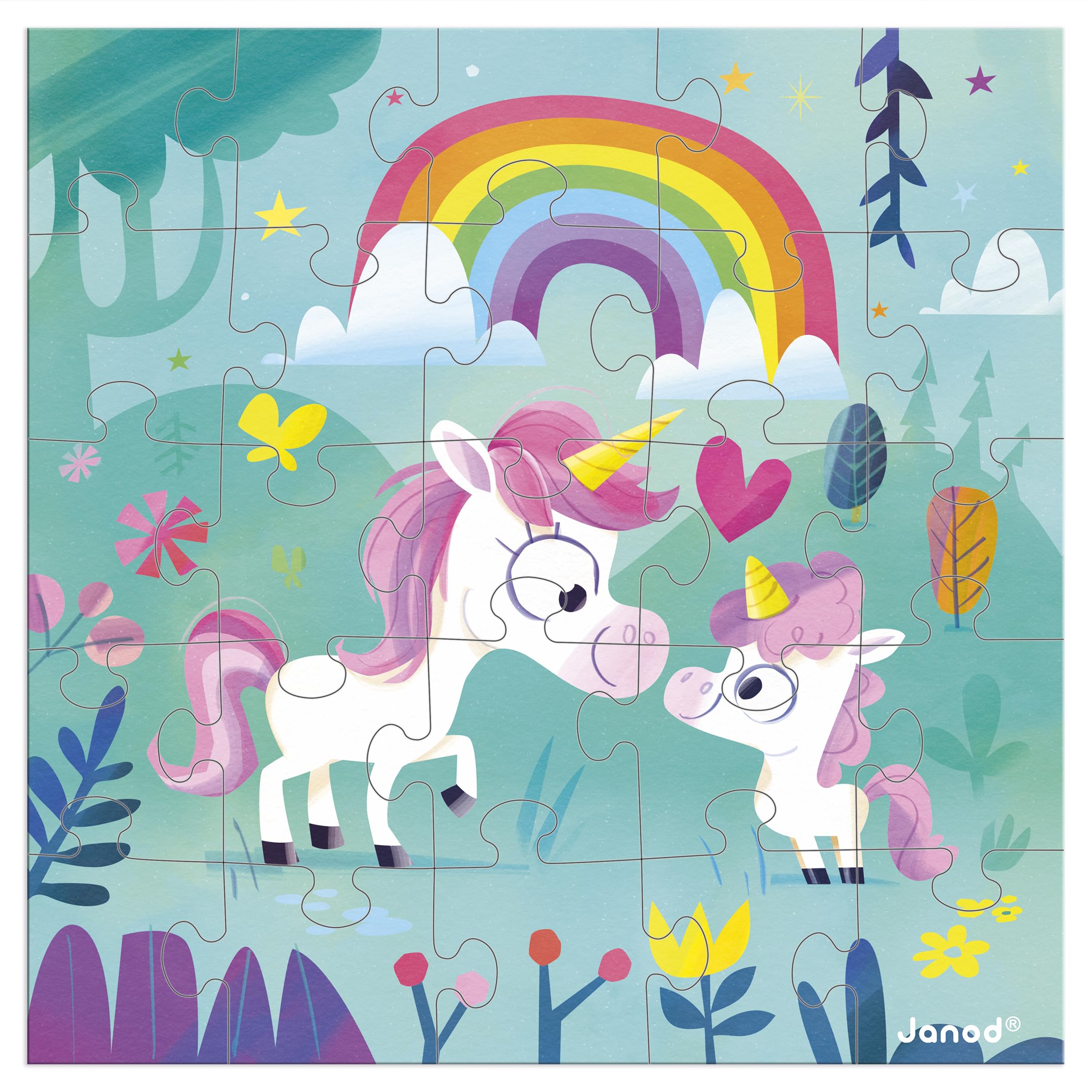 Janod - Biglietto di Auguri Puzzle - Biglietto Regalo Puzzle 25 Pezzi Famiglia unicorni - 1 Biglietto + 1 Busta - Ideale per Biglietti di Auguri, Biglietti di Compleanno - dai 3 Anni in su
