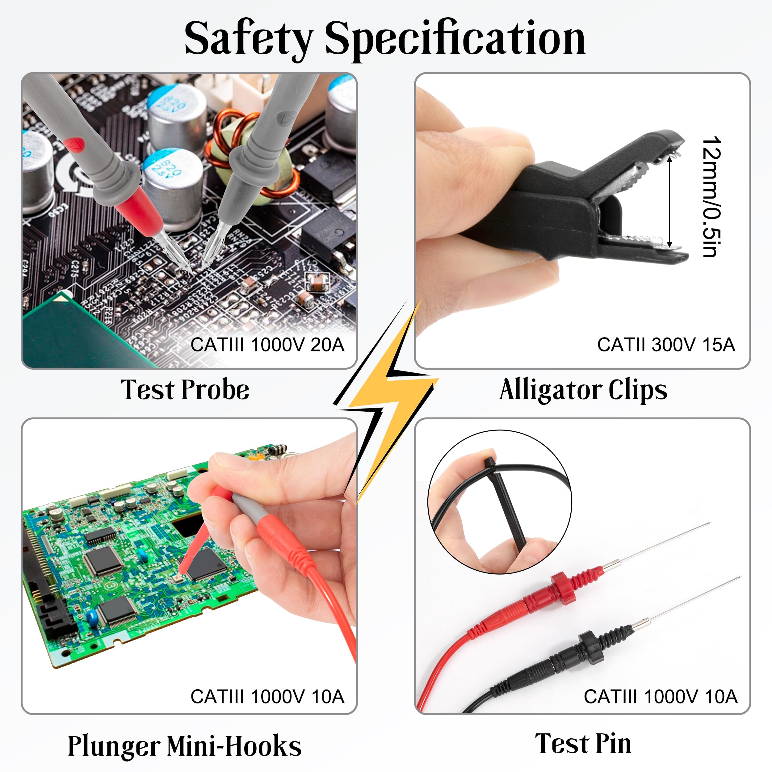 QIMEI-SHOP Puntali Tester Multimetro Kit con Clip Coccodrillo Gancio di Prova Sonda di Prova Sostituibile 0.7/1/2/4 mm per Elettricista Multimetro Digitale 19 Pezzi